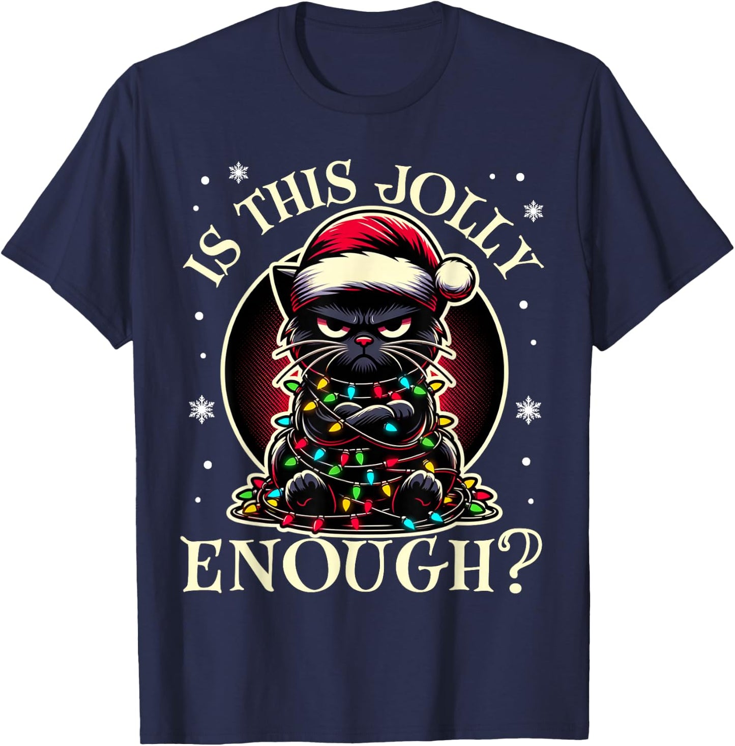 Is This Jolly Enough Funny Black Cat Christmas Tree Lights T-Shirt - T-Shirt | Navy