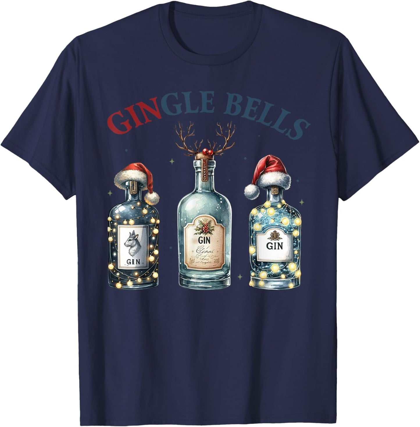 Christmas Gin Bottles with Christmas Hat Funny Gin T-Shirt - T-Shirt | Navy