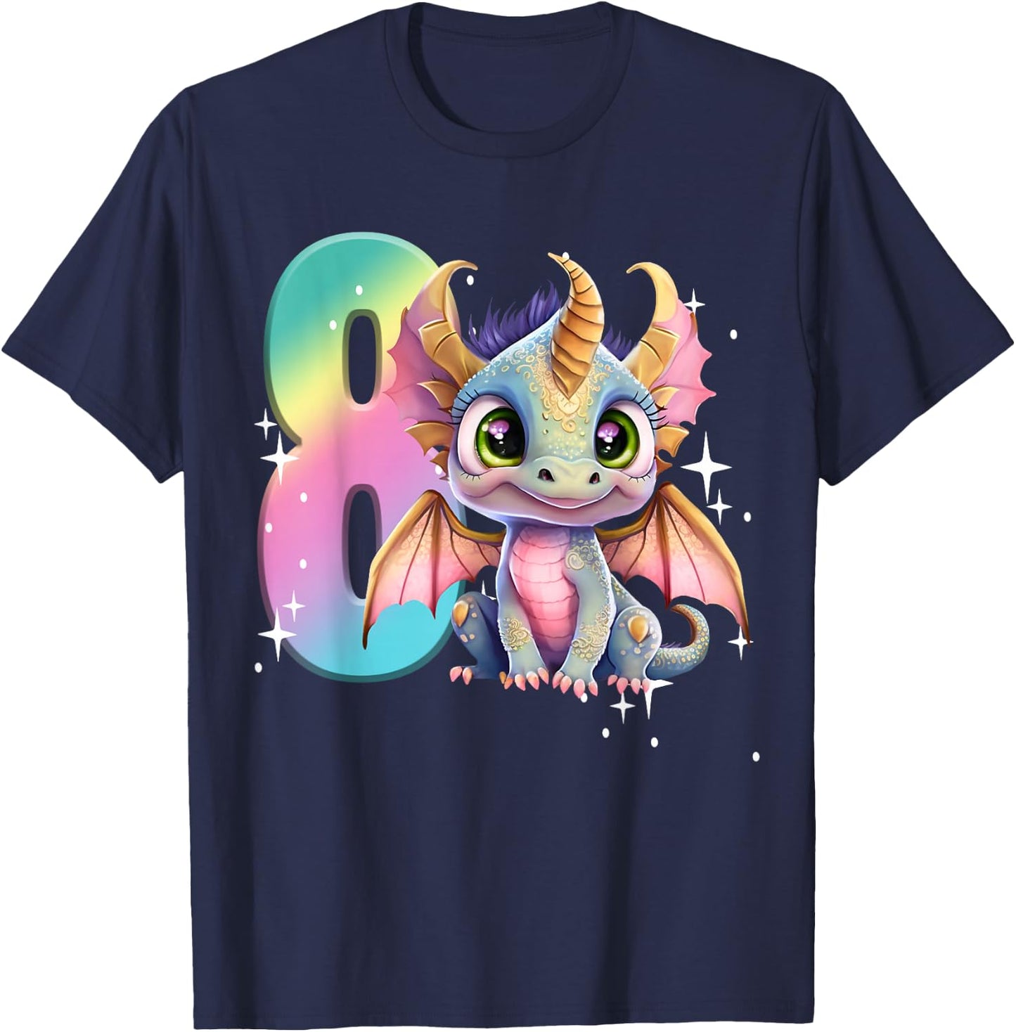 8th Birthday Shirt Girl Dragon Birthday Outfit Rainbow Eight T-Shirt - T-Shirt | Navy