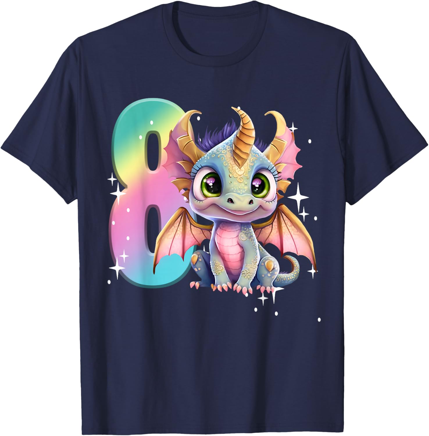 8th Birthday Shirt Girl Dragon Birthday Outfit Rainbow Eight T-Shirt - T-Shirt | Navy