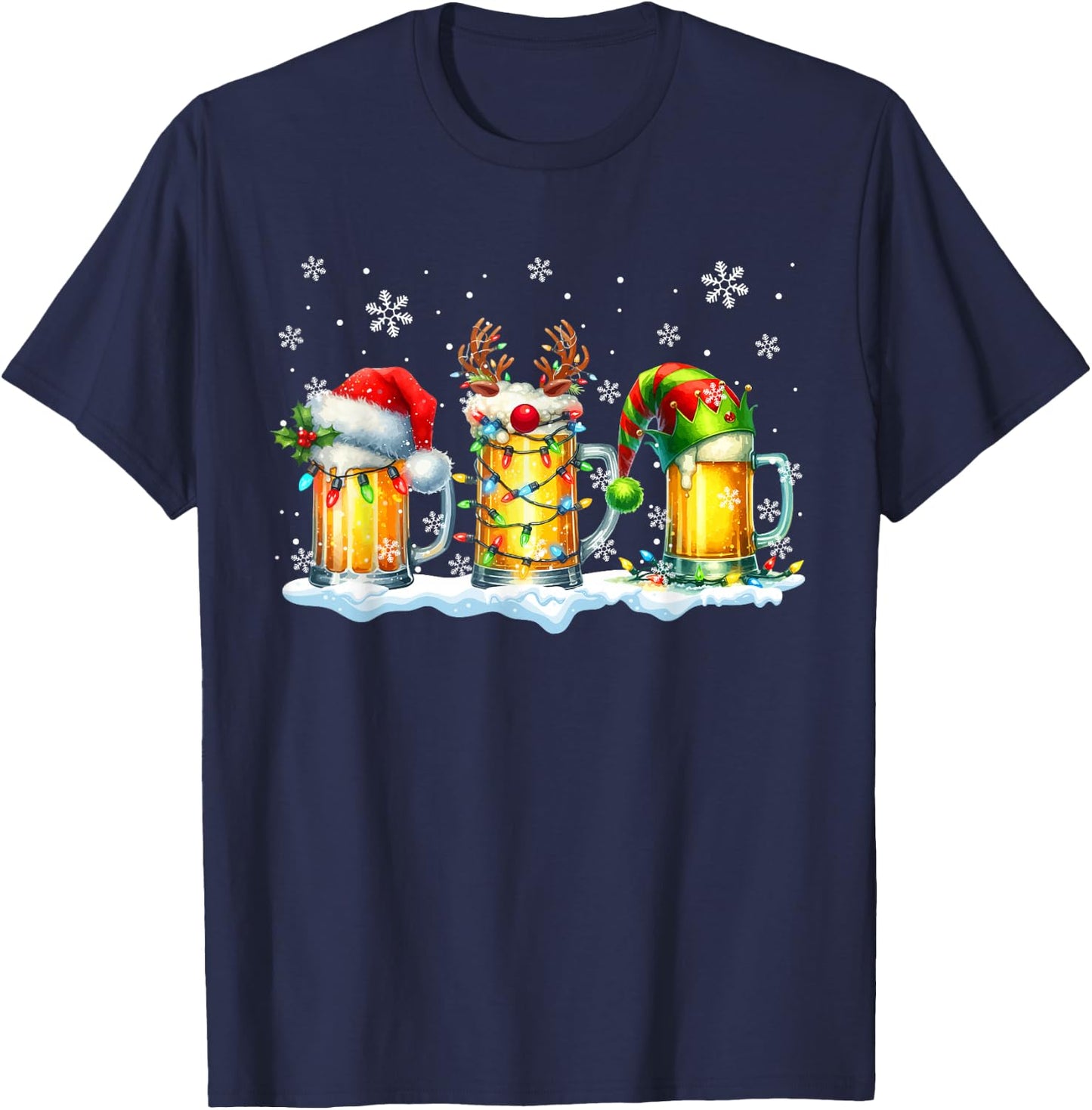 Three Glasses Beer Santa Reindeer, Elf, Christmas Drunk , Black, S T-Shirt - T-Shirt | Navy