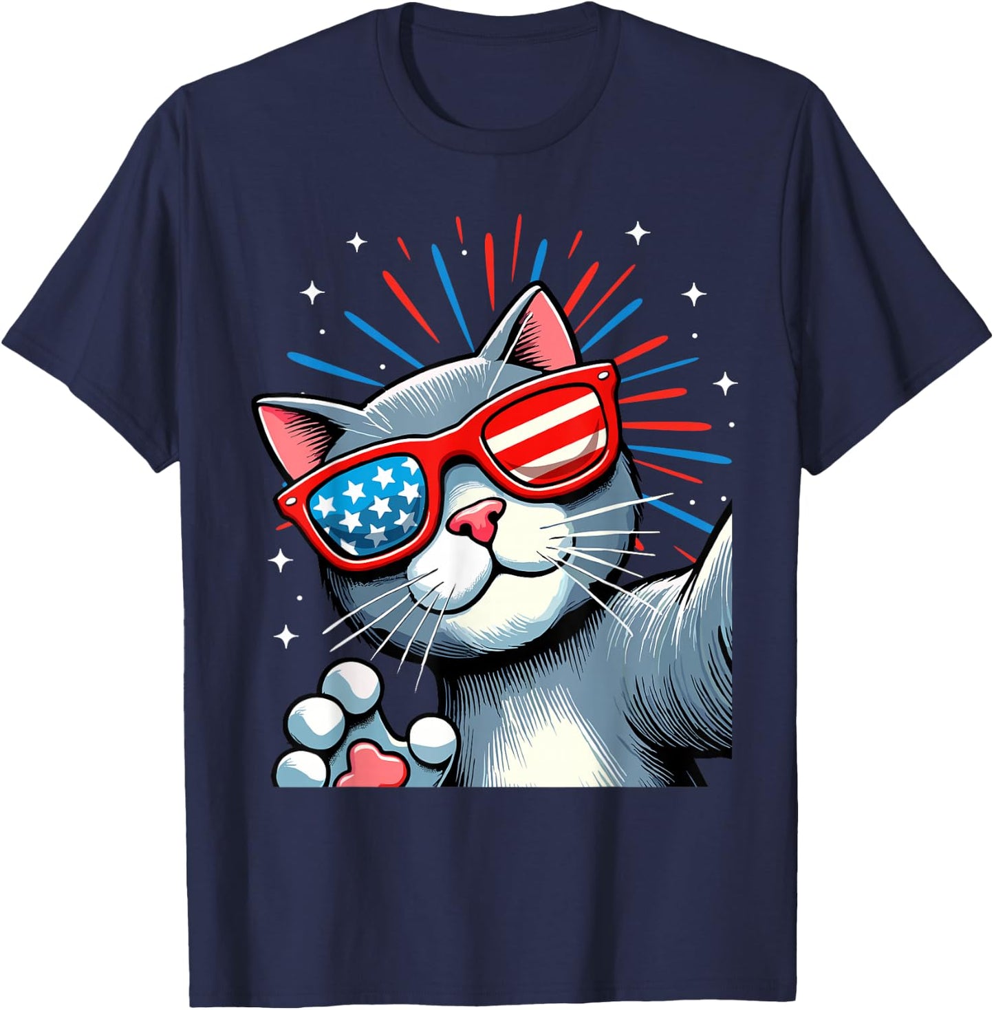 Cat Selfie with Fireworks American Flag 4th Of July Women Kids Men T-Shirt - T-Shirt | Navy