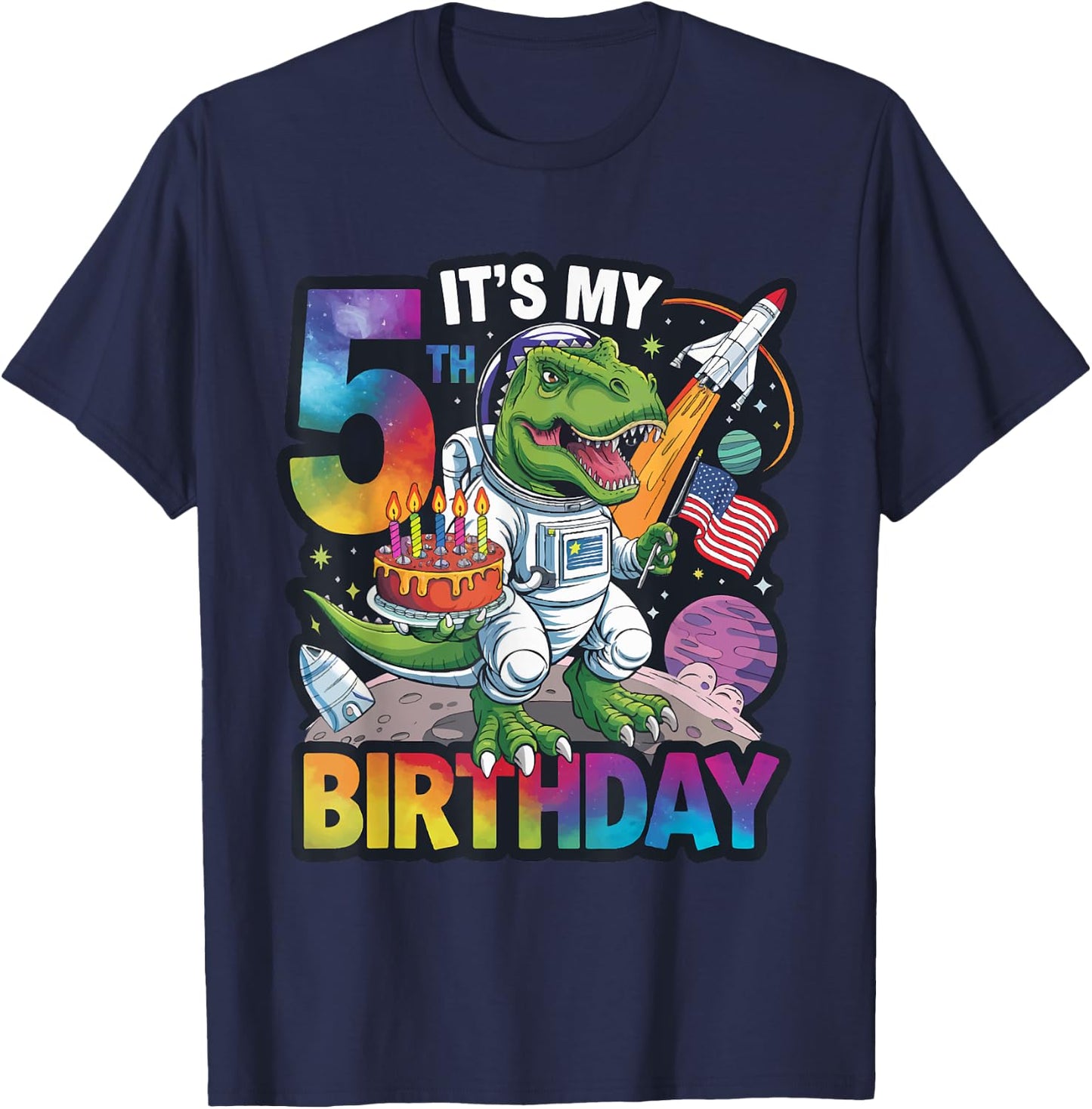 5th Birthday Dinosaur Astronaut T-Rex Space Kids Party T-Shirt - T-Shirt | Navy
