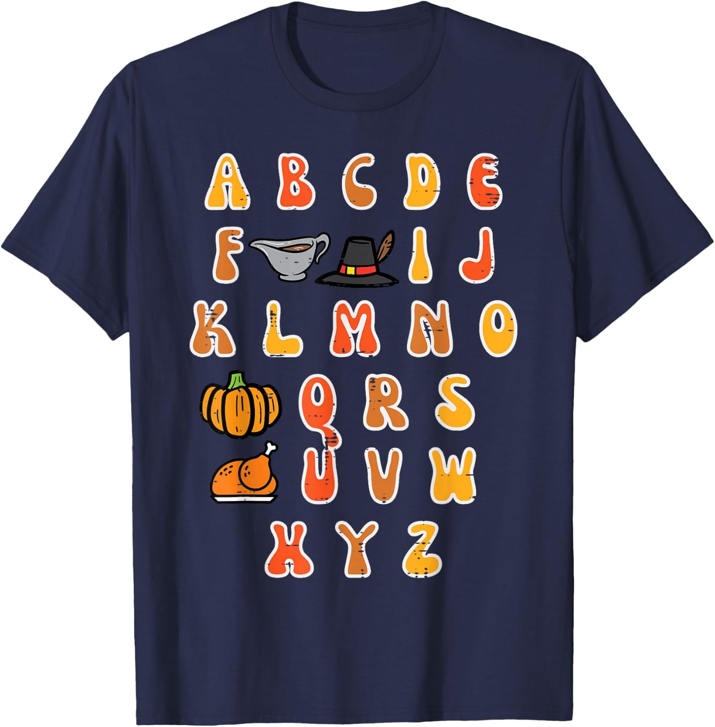 Thanksgiving ABC Alphabet Turkey Day Fall Teacher Women Kids T-Shirt - T-Shirt | Navy