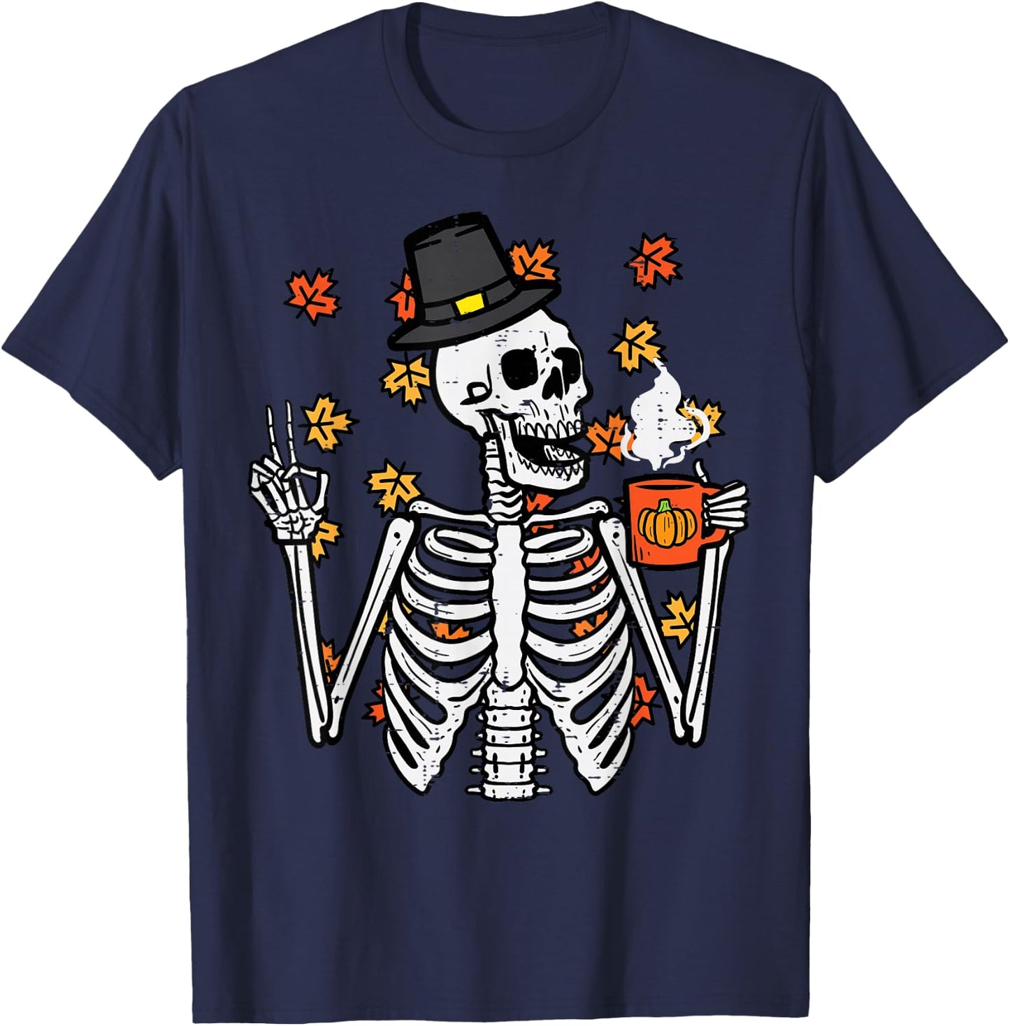 Thanksgiving Skeleton Peace Coffee Funny Fall Men Women Kids T-Shirt - T-Shirt | Navy