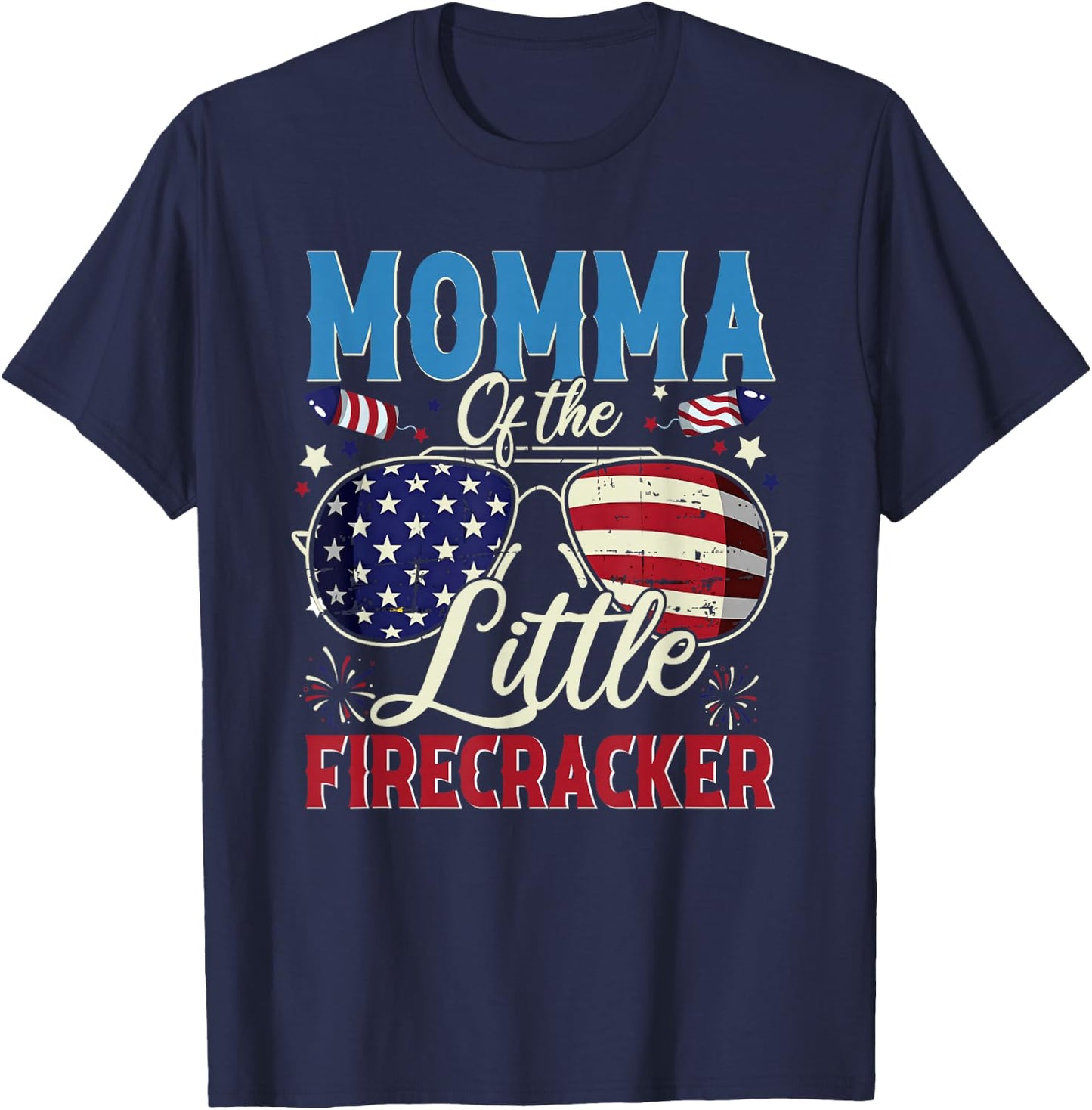 Momma of The Little Firecracker Fourth of July Birthday T-Shirt - T-Shirt | Navy