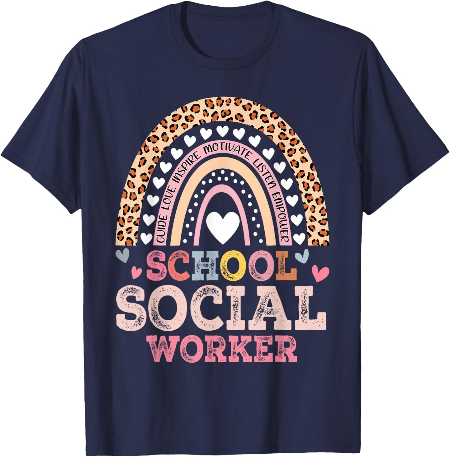 School Social Worker Rainbow Leopard Print Funny Social Work T-Shirt - T-Shirt | Navy