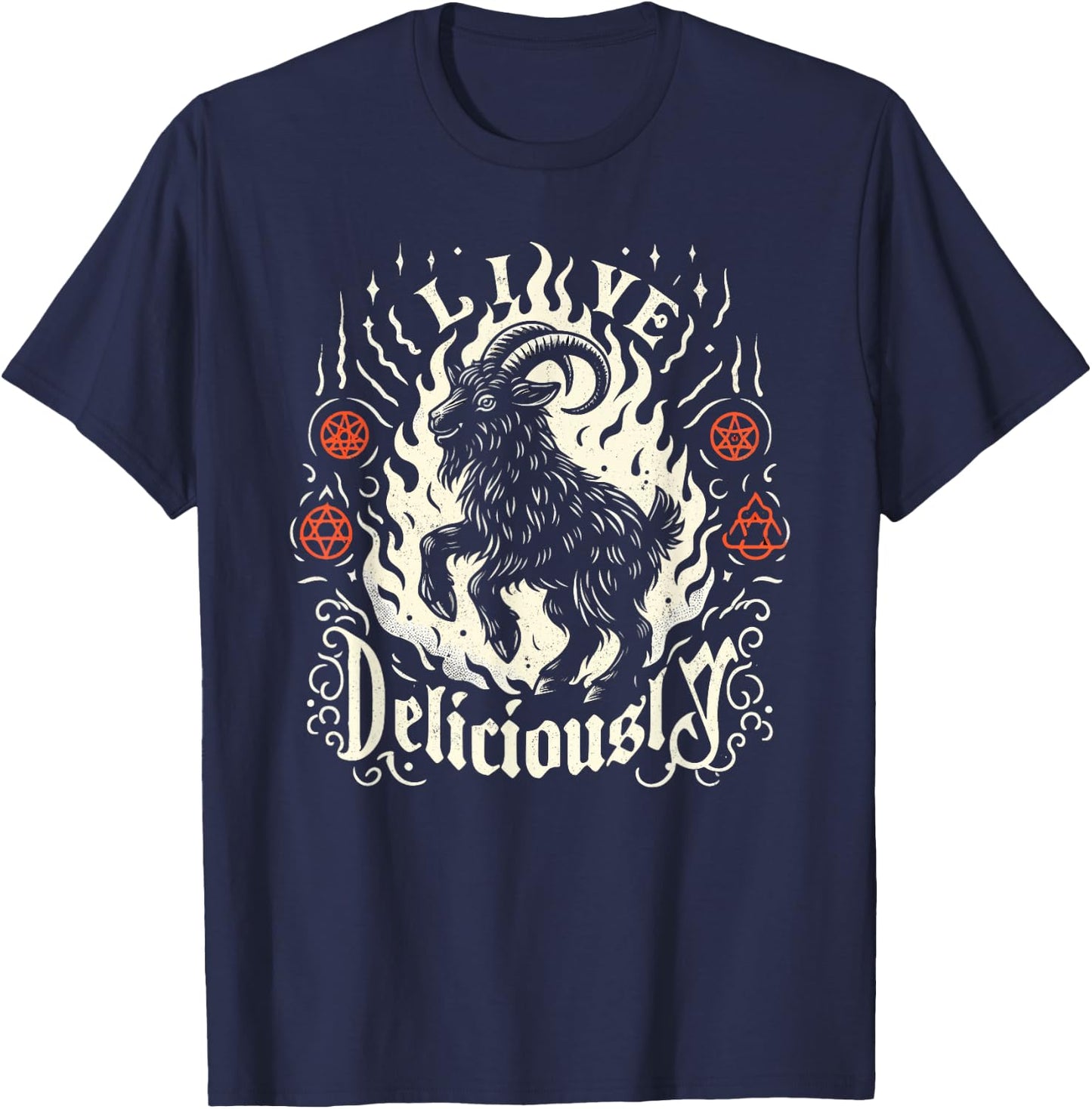 Live Deliciously Occult Goat Witch Horror T-Shirt - T-Shirt | Navy