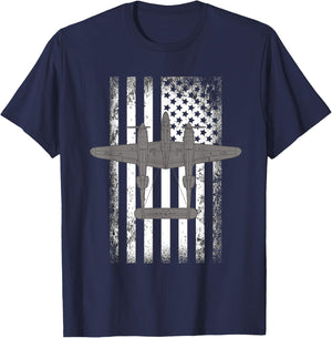 P-38 Lightning Warbird American Flag Fighter Airplane Women Men T-Shirt - T-Shirt | Navy