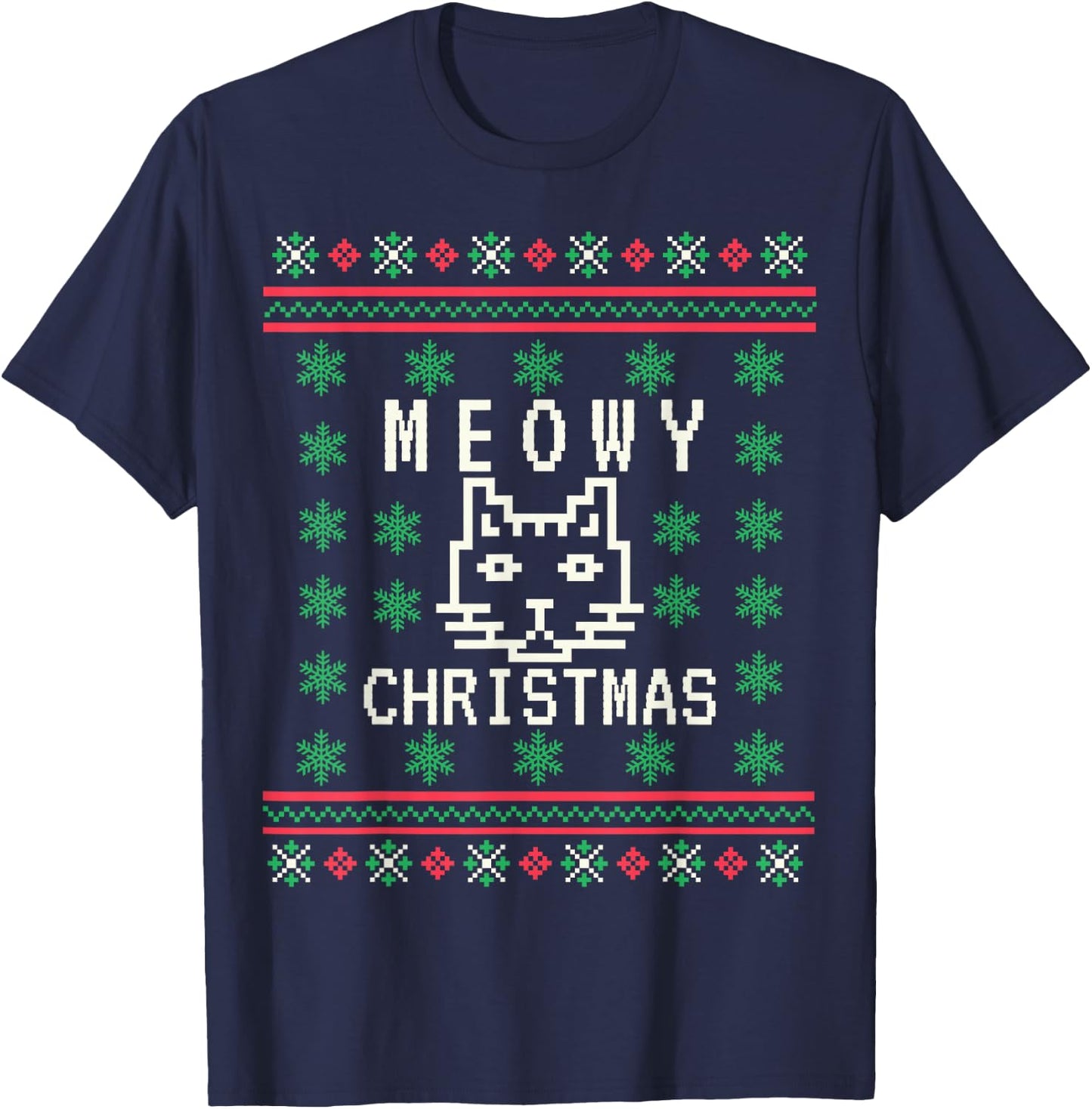 Funny Meowy Cat Christmas Ugly Sweater T-Shirt - T-Shirt | Navy