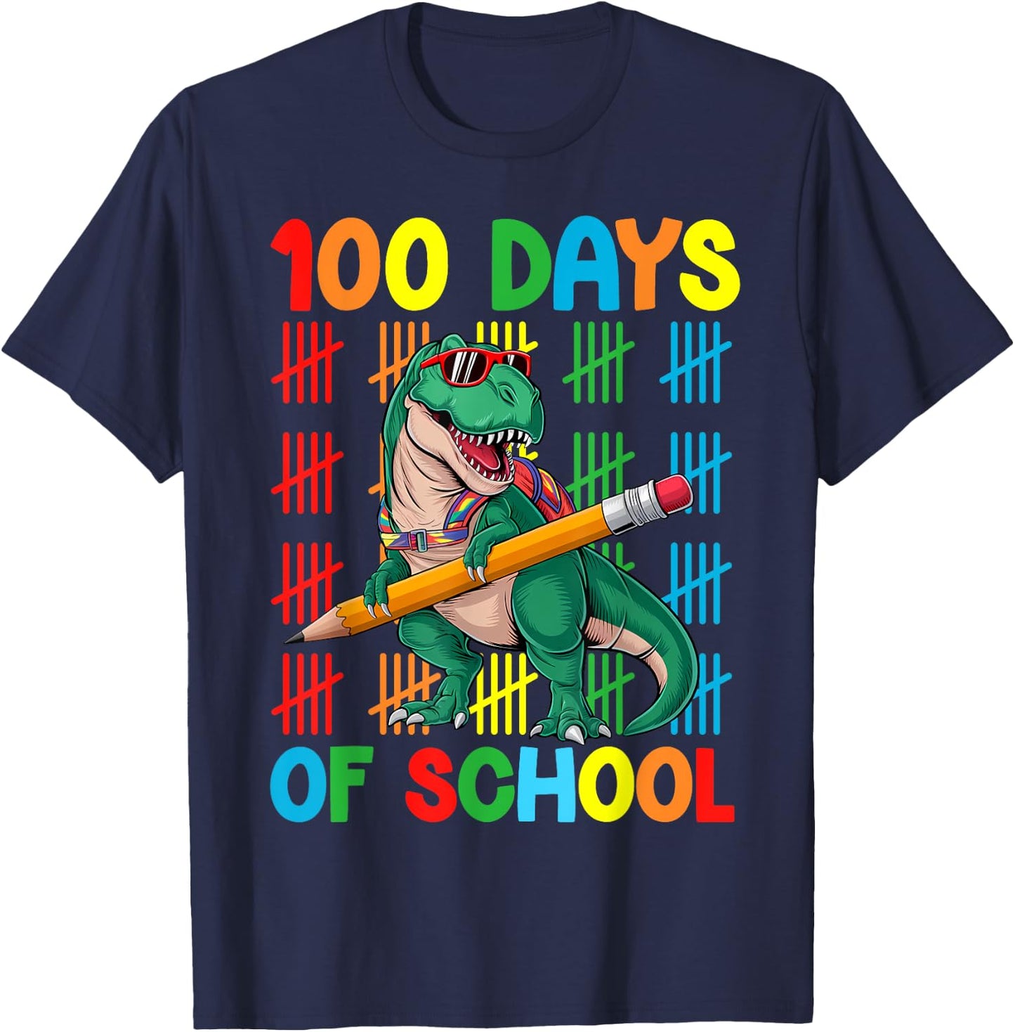 100 Days Of School T-Rex Happy 100th Day Kids Boys T-Shirt - T-Shirt | Navy