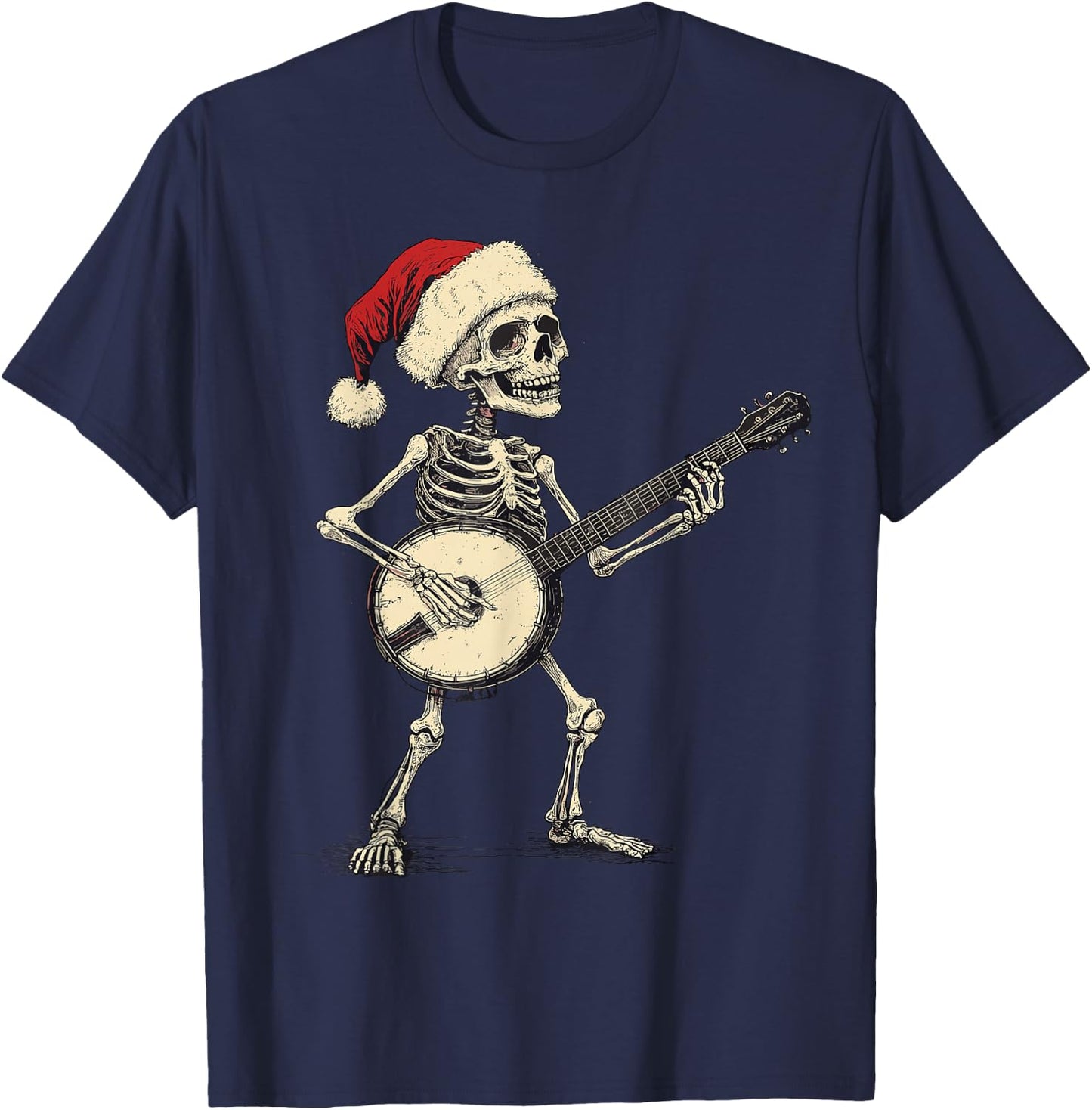 Santa Skeleton Playing Banjo Bluegrass Banjo Player Xmas T-Shirt - T-Shirt | Navy