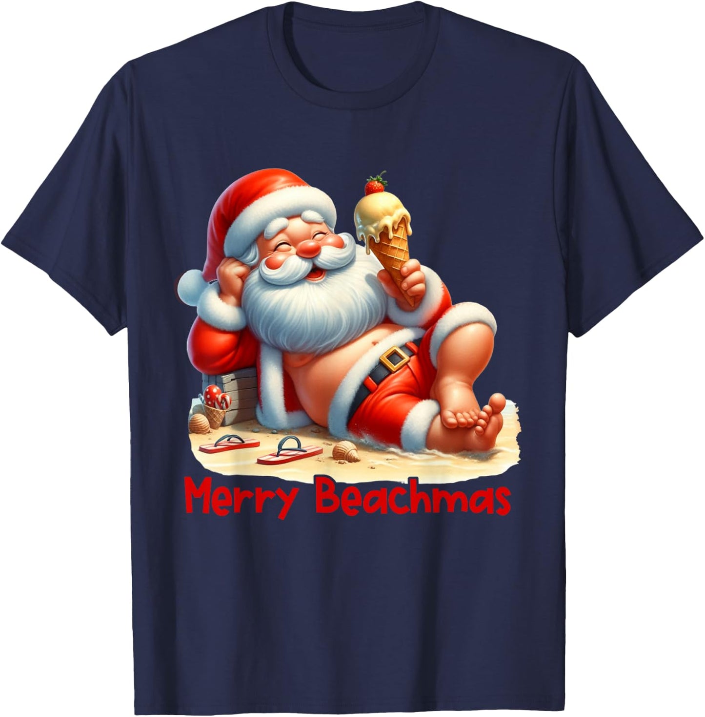 Merry Beachmas Santa Claus Ice Cream Christmas In July T-Shirt - T-Shirt | Navy