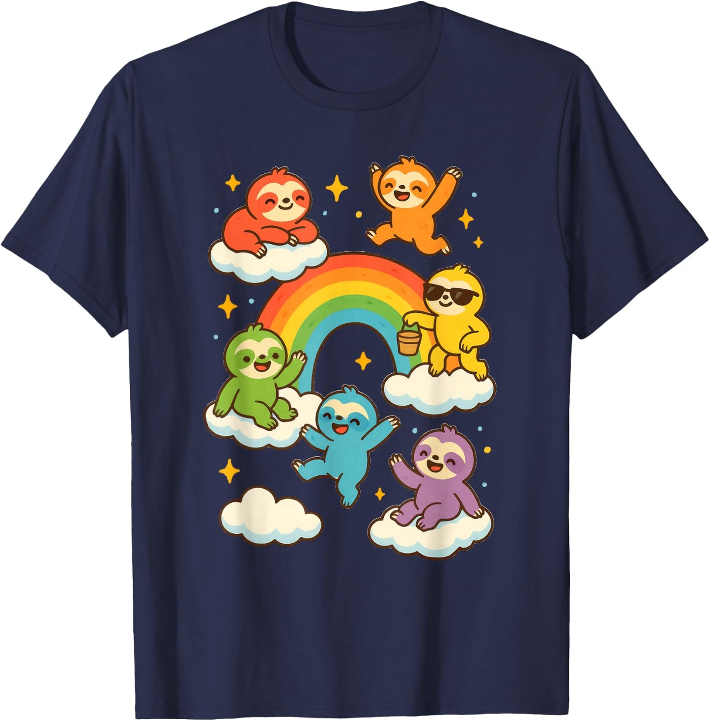Colorful Sloths With A Rainbow Kawaii Sloth T-Shirt - T-Shirt | Navy
