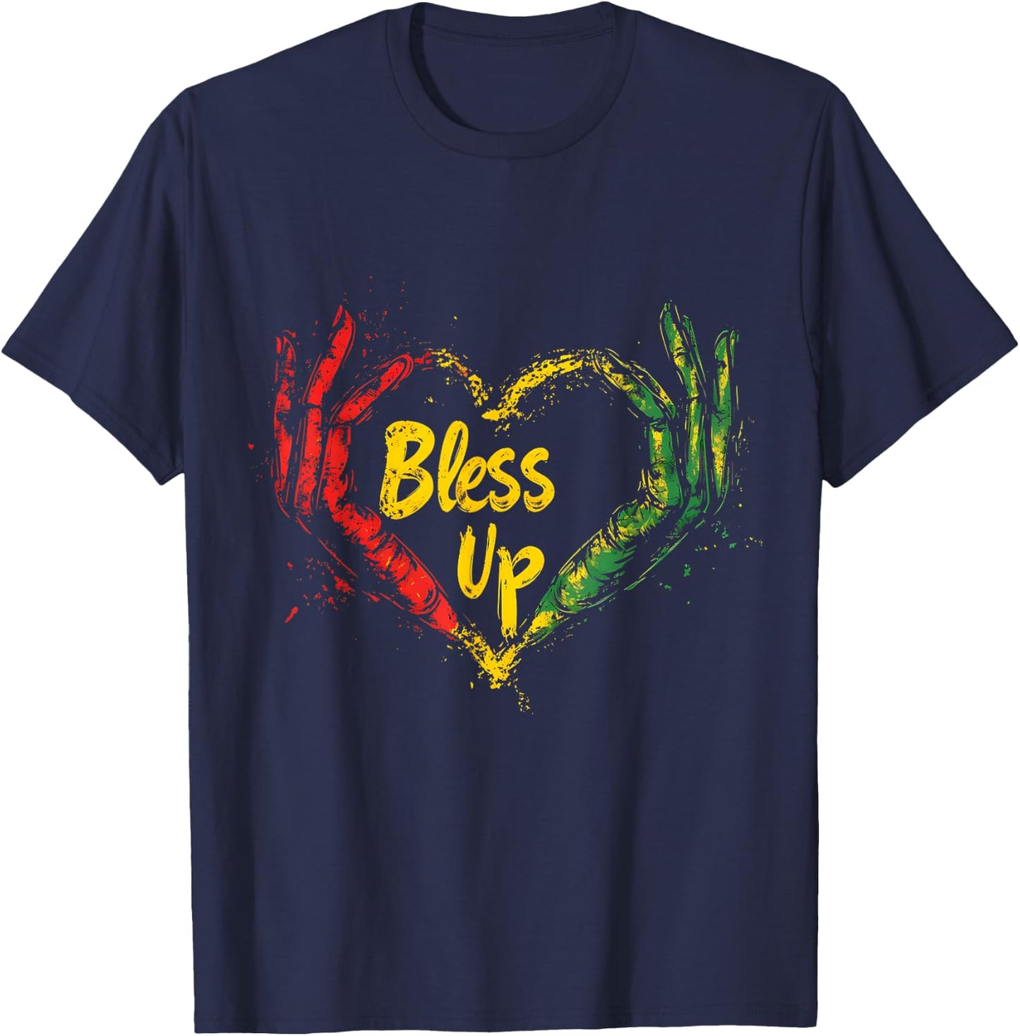 Rasta Reggae Music Jah Bless Up Hand Heart Rastafari T-Shirt - T-Shirt | Navy