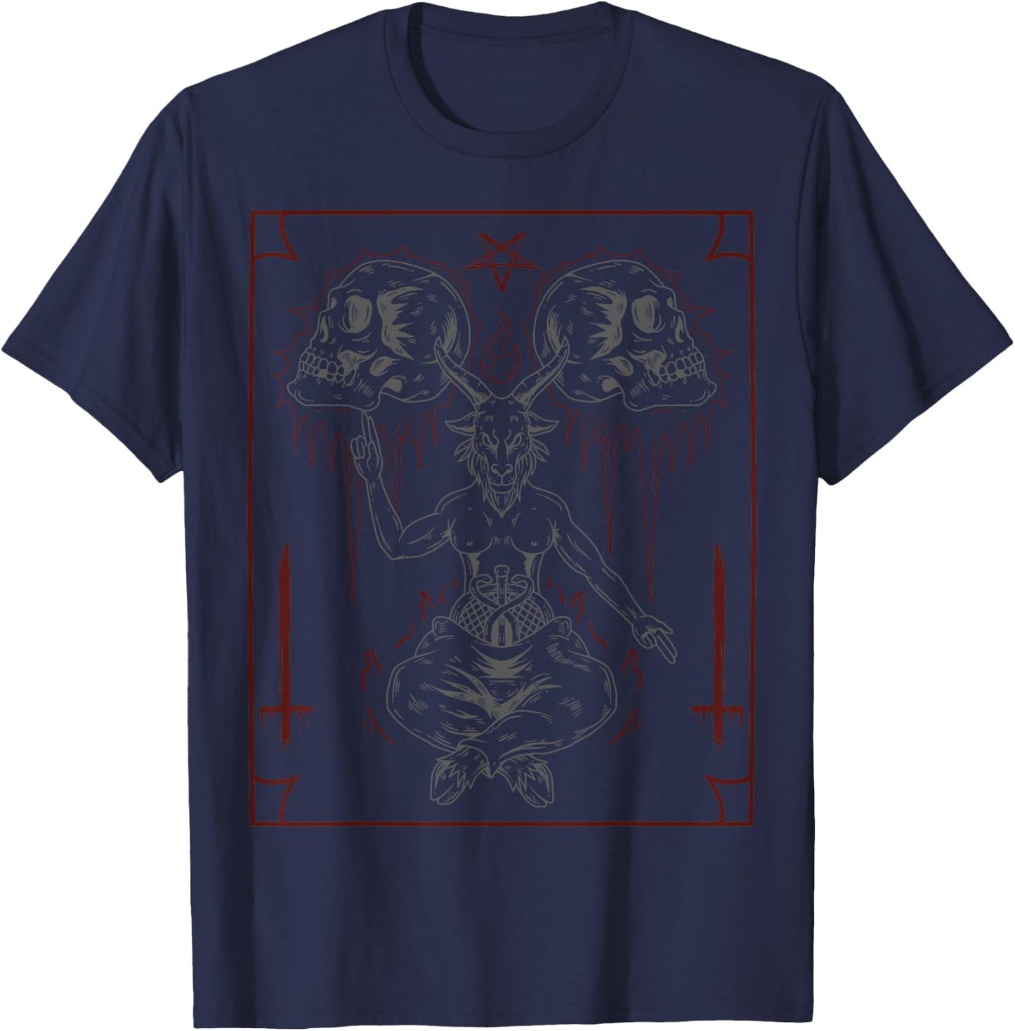 Lucifer Sigil Skull Goat Occult Gothic Satanic Baphomet T-Shirt - T-Shirt | Navy