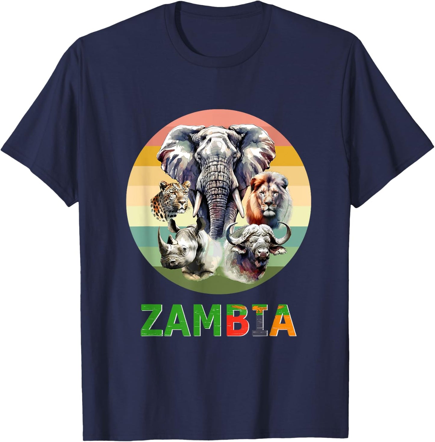 Zambia Big-5 Watercolor on Retro Sunset for Zambia Fans T-Shirt - T-Shirt | Navy