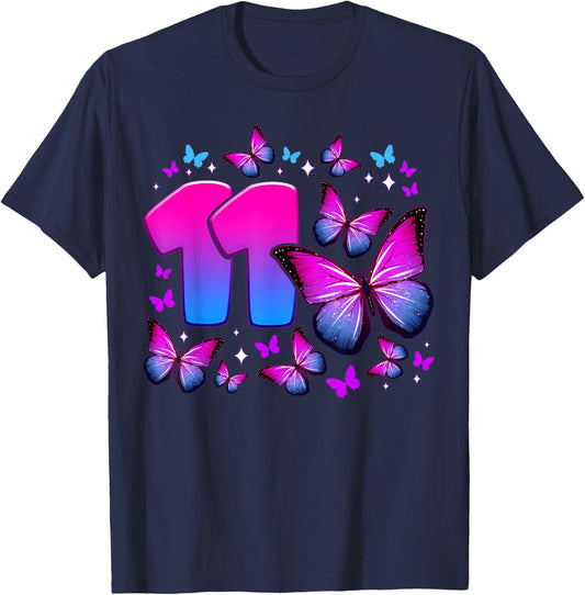 Birthday Girl 11 Years Old Butterfly Number 11 , black T-Shirt - T-Shirt | Navy