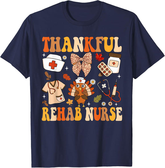 Groovy Thankful Rehab Nurse Thanksgiving Fall Autumn Nurse T-Shirt - T-Shirt | Navy