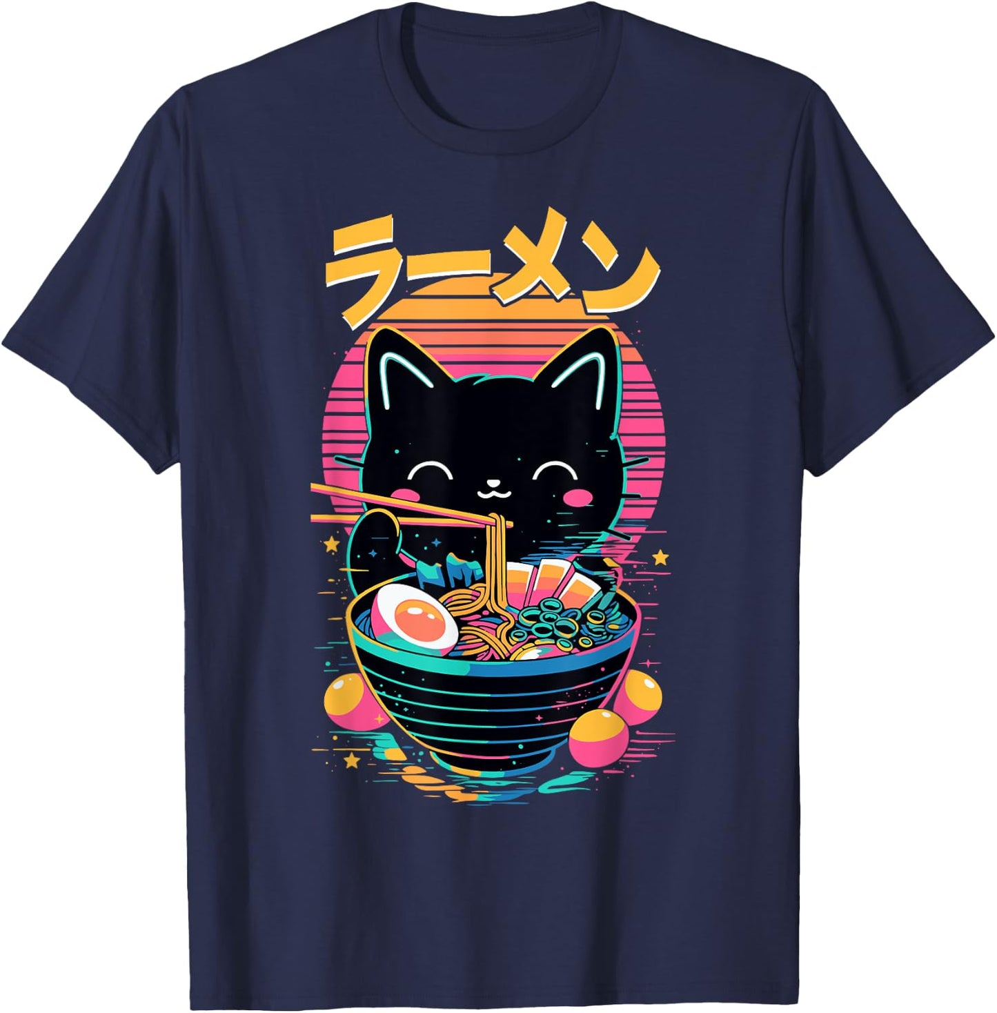 Anime Cat Eating Ramen Japanese Ramen Cat Japan T-Shirt - T-Shirt | Navy