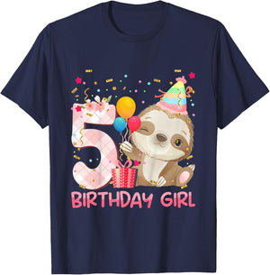 5 Year Old Sloth Girl Party Cute Sloth Lover 5th Birthday T-Shirt - T-Shirt | Navy