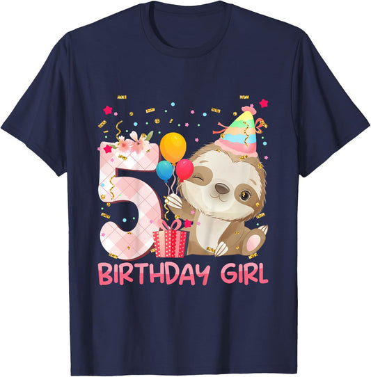5 Year Old Sloth Girl Party Cute Sloth Lover 5th Birthday T-Shirt - T-Shirt | Navy