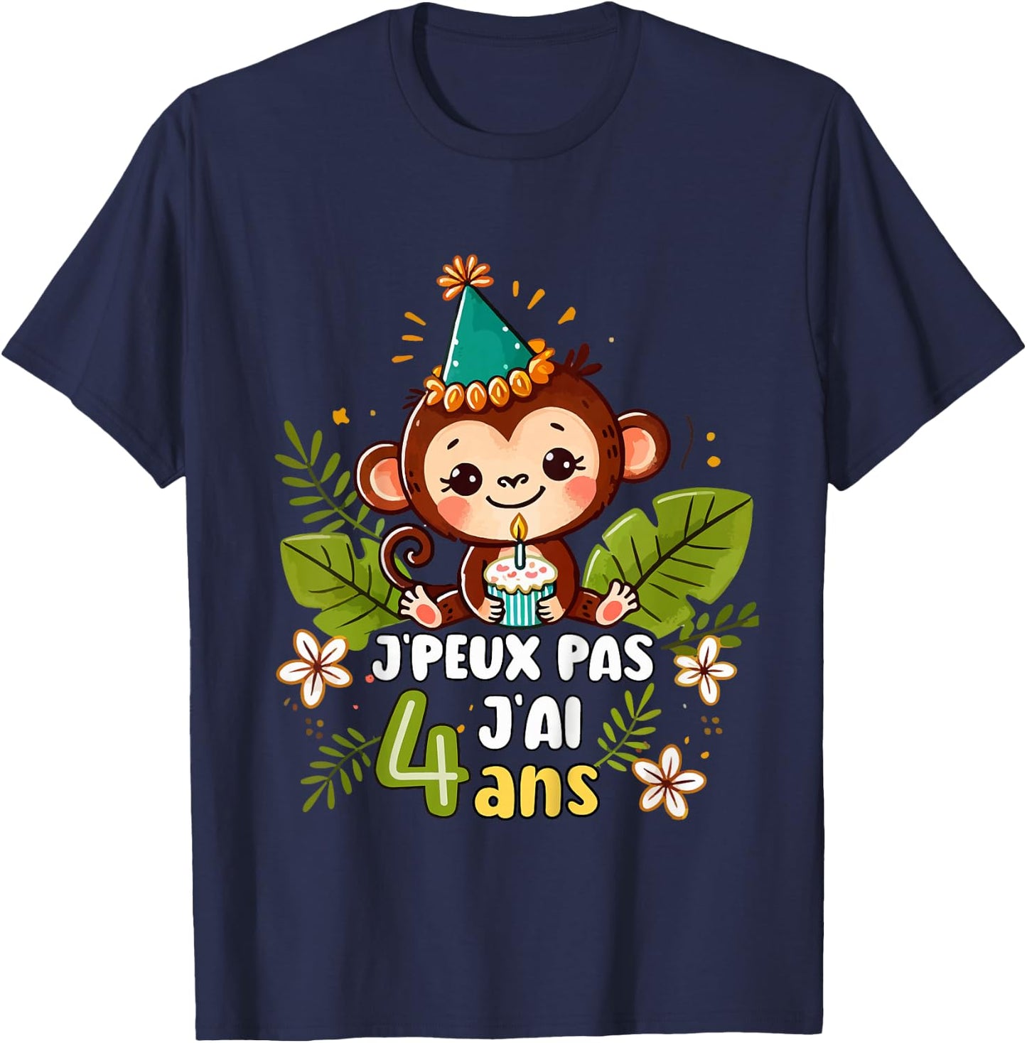 Child Je Peux Pas J'ai 4 Years Birthday Jungle Monkey Boy Green , Green, 2 T-Shirt - T-Shirt | Navy