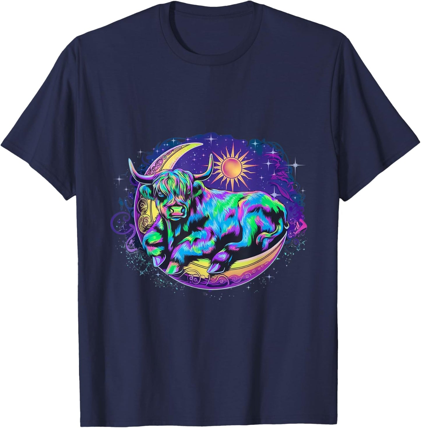 Dreamy Highland Cow Lounging on Crescent Moon Cow Over Moon T-Shirt - T-Shirt | Navy