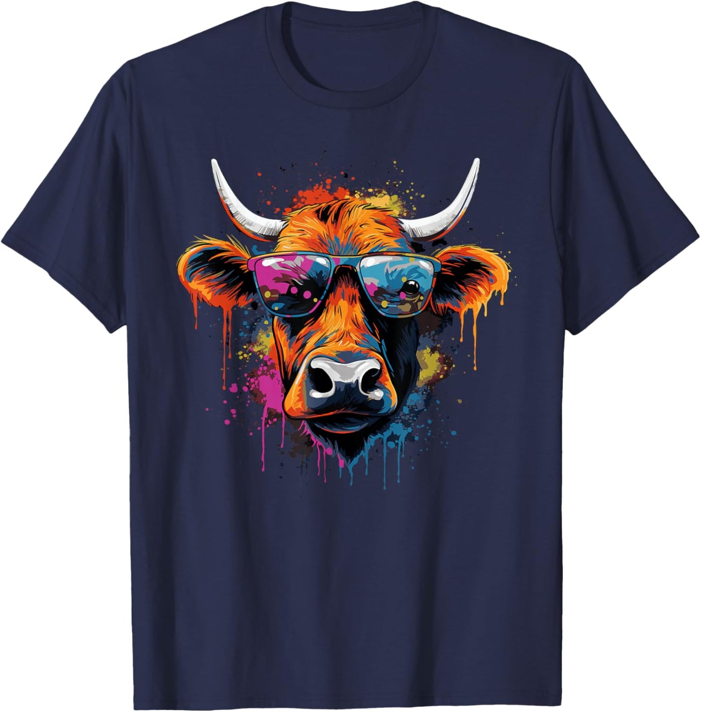Funny Colourful Cow with Sunglasses , black T-Shirt - T-Shirt | Navy