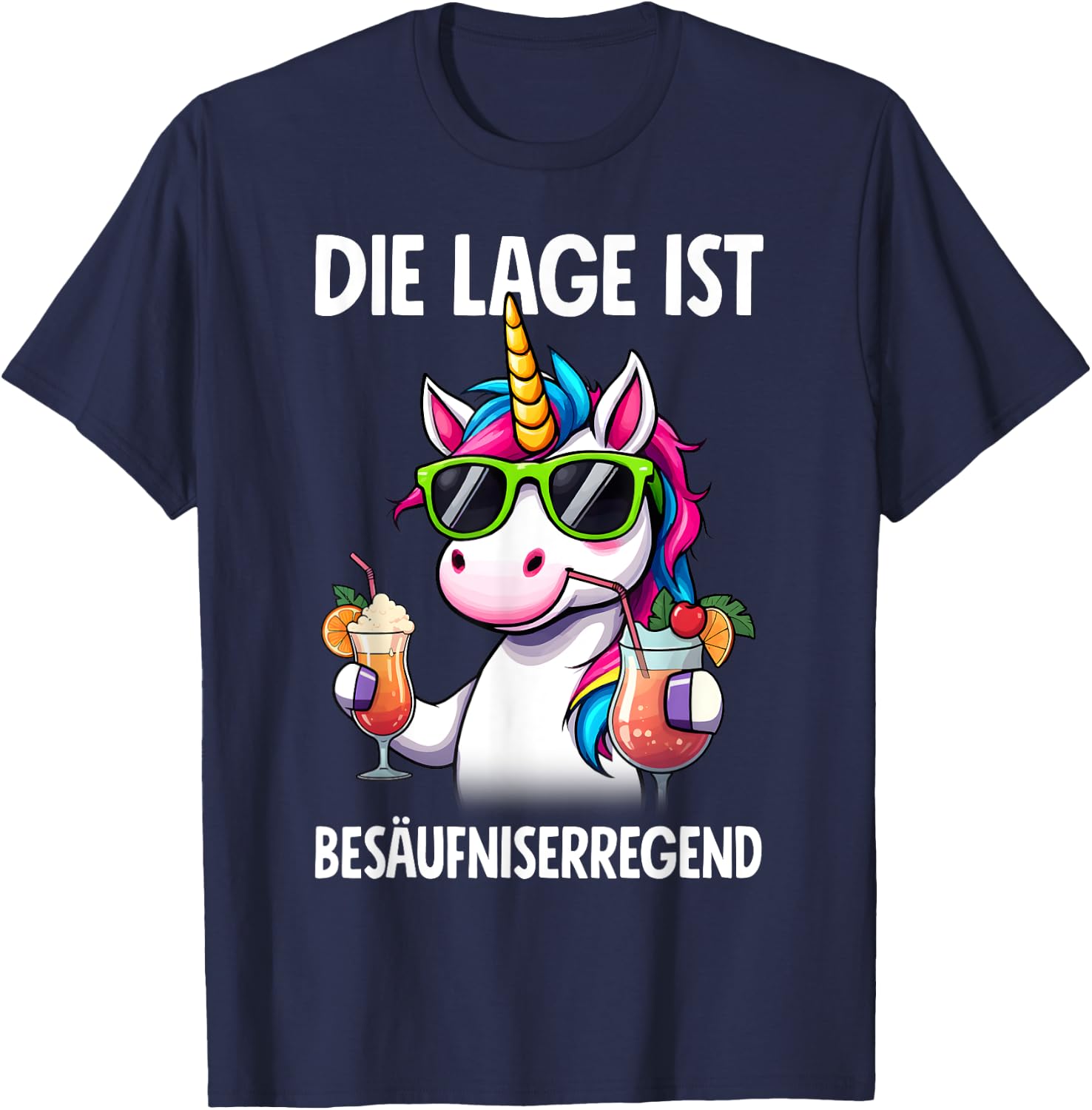 with German Text "Die Lage Ist Besäufniserregend Unicorn" Party, black T-Shirt - T-Shirt | Navy