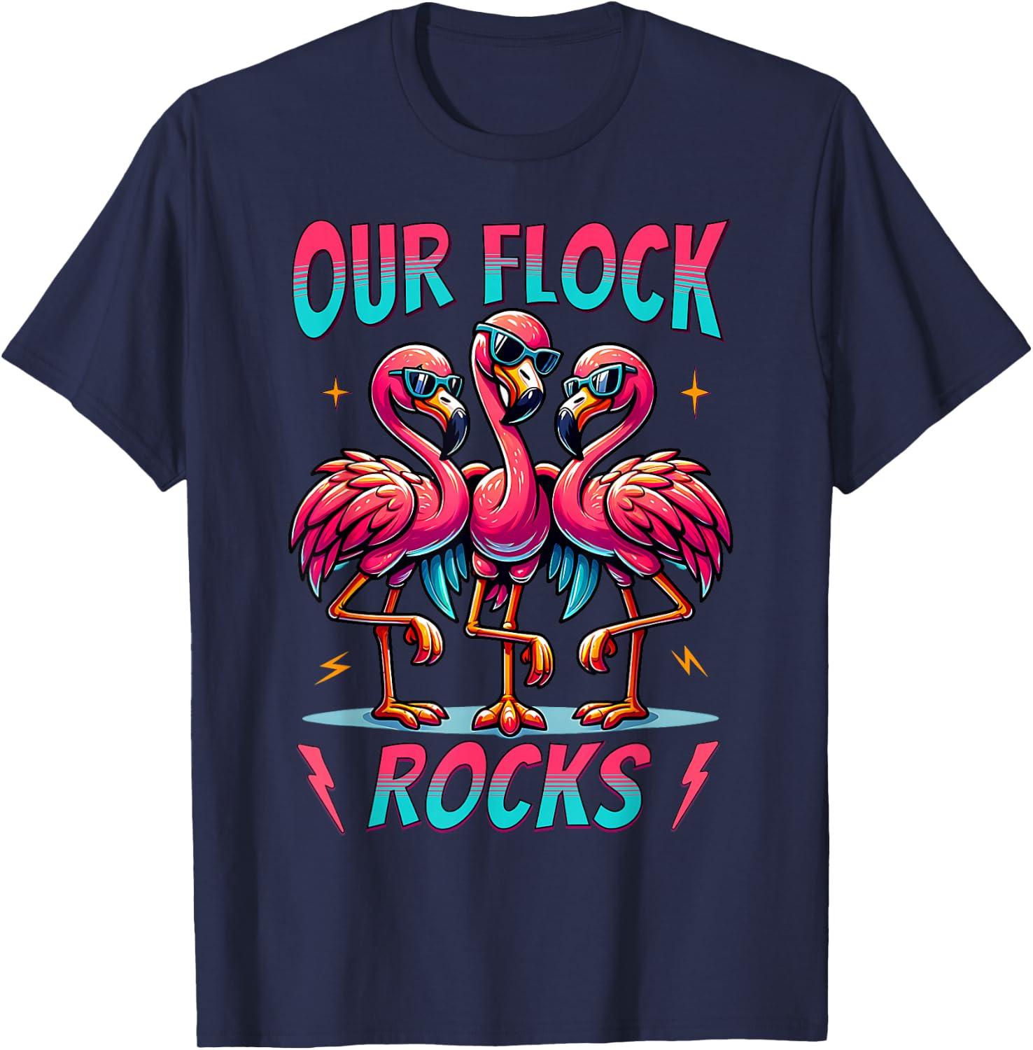 Our Flock Rocks Cute Flamingo Matching Family Vacation Group T-Shirt - T-Shirt | Navy