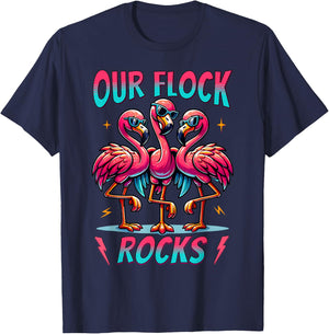 Our Flock Rocks Cute Flamingo Matching Family Vacation Group T-Shirt - T-Shirt | Navy