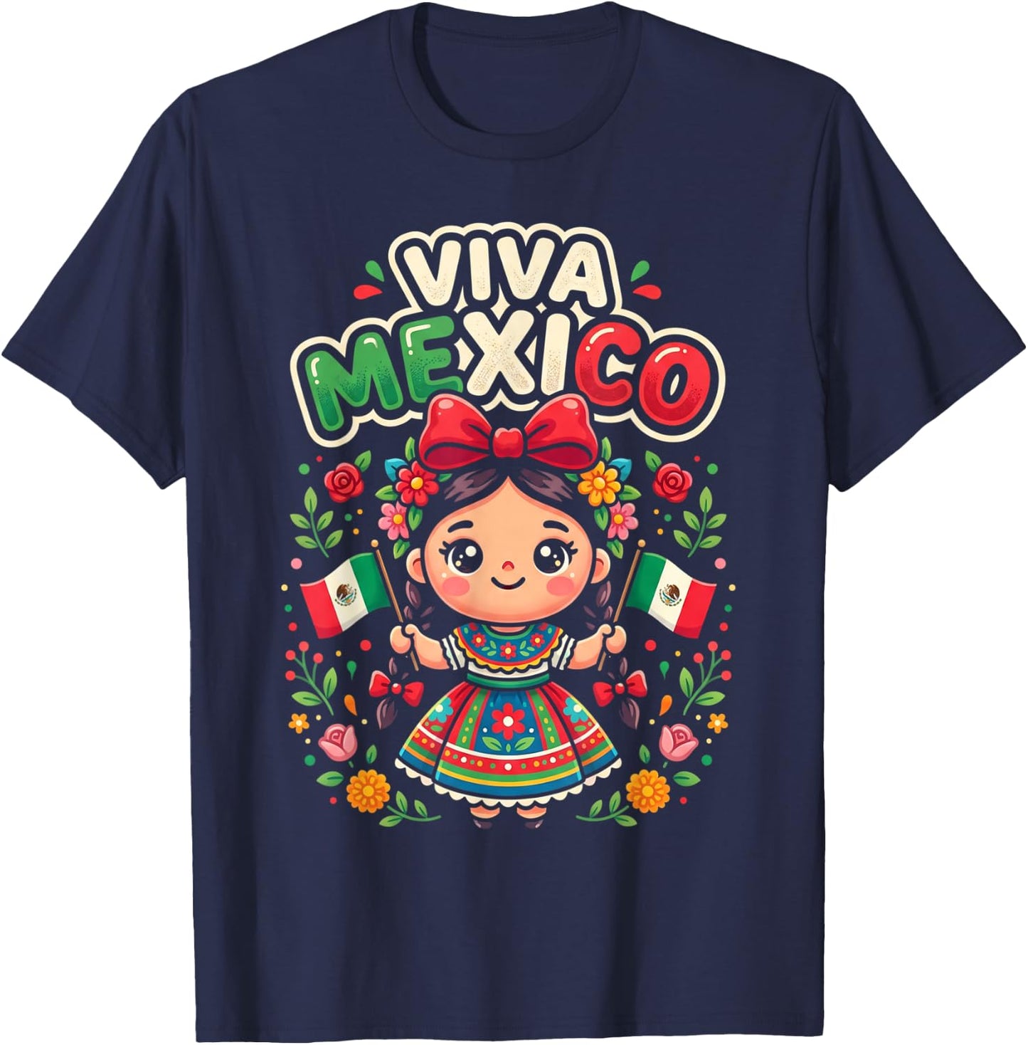 Viva Mexico Mexican Girl Flag Independence Day Girls Kids T-Shirt - T-Shirt | Navy