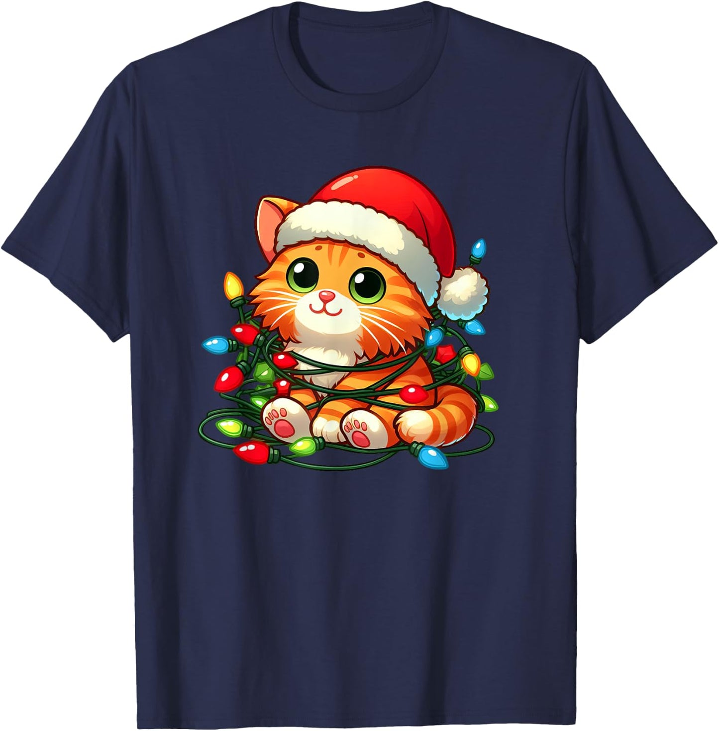 Orange Tabby Cat Christmas Lights Pet Funny Xmas Women Kids T-Shirt - T-Shirt | Navy