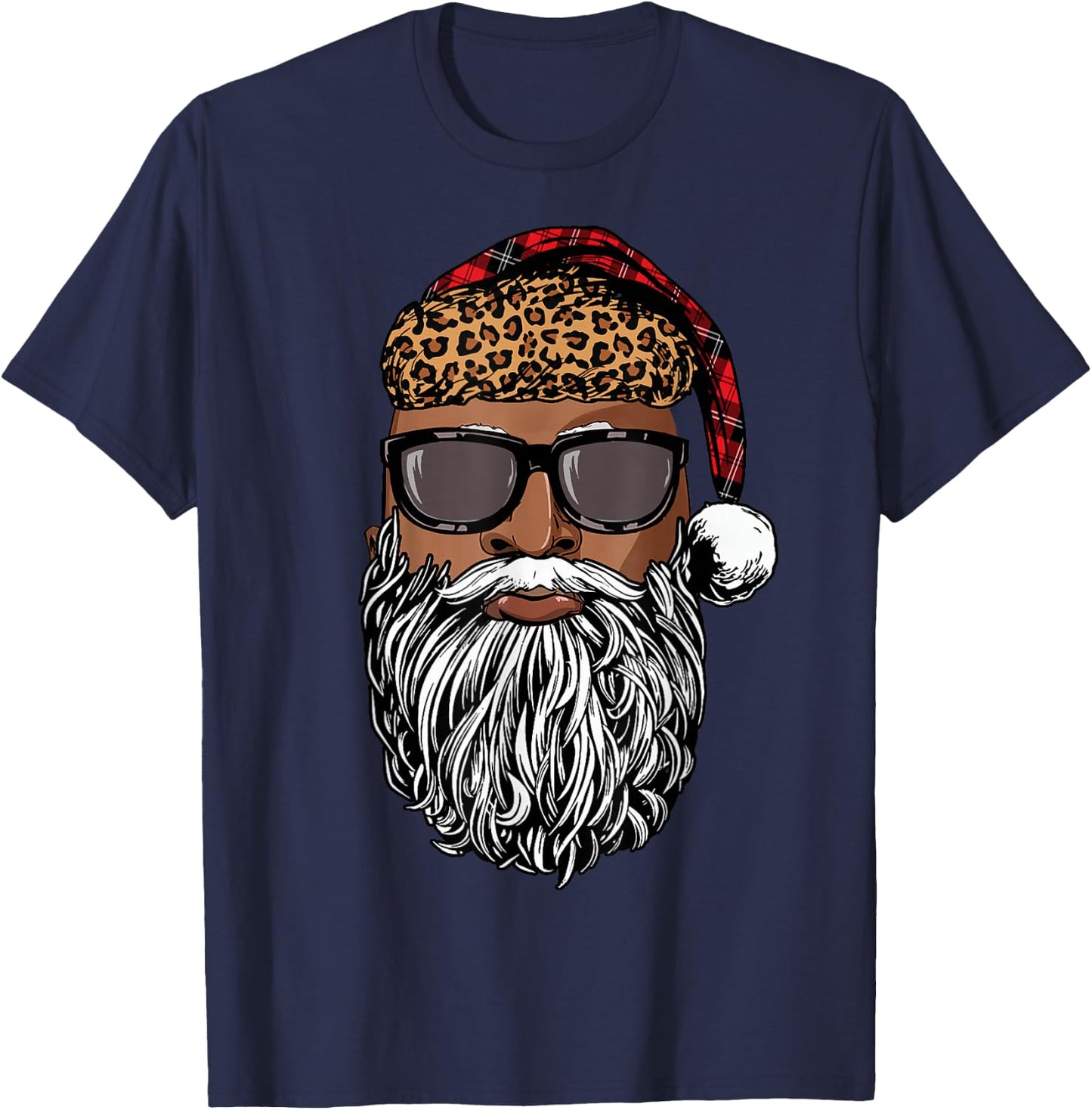Santa Claus Face Black Leopard African American Christmas T-Shirt - T-Shirt | Navy