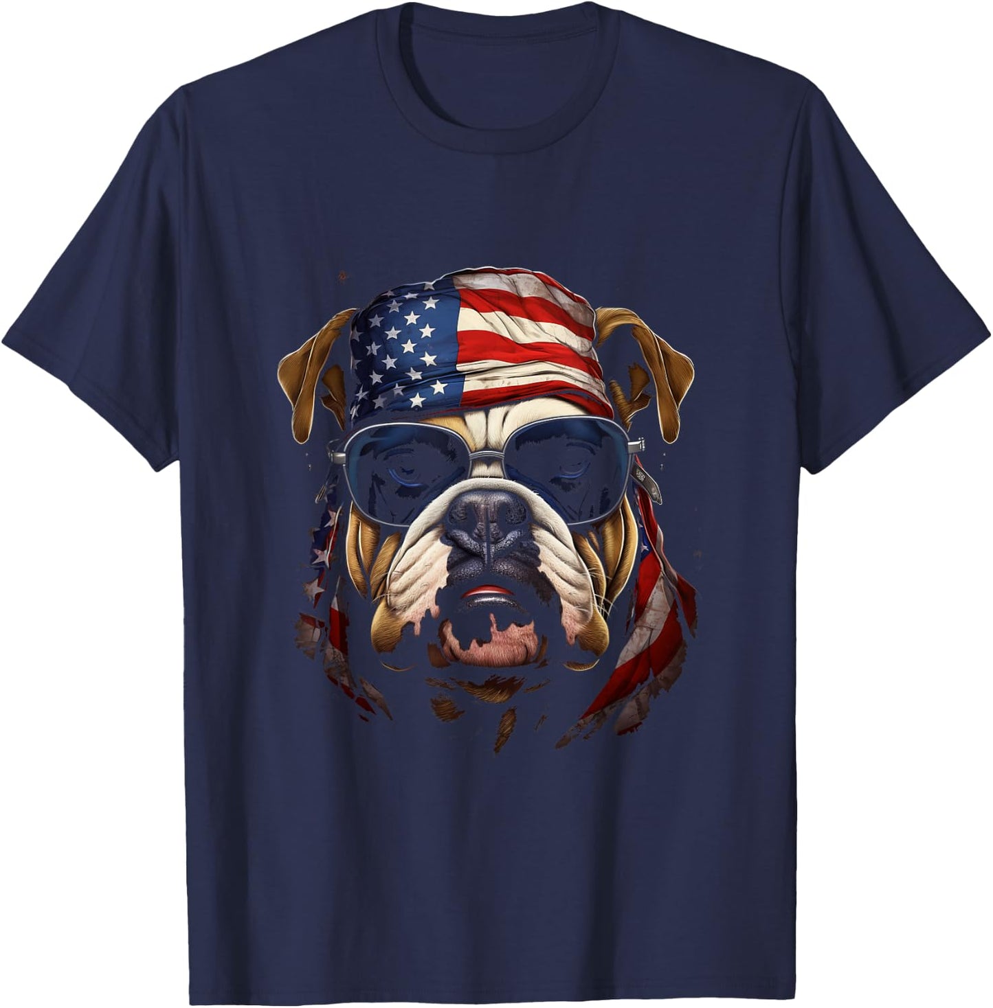 Bulldog Wearing American Flag Bandana Patriotic Paws T-Shirt - T-Shirt | Navy