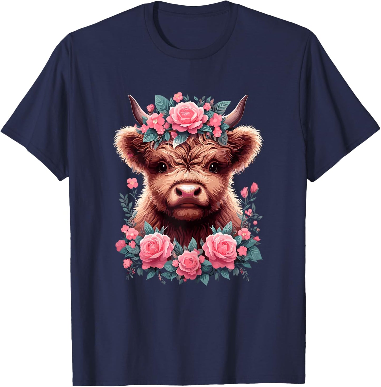 Highland Cow Roses Cute Floral Cow Lover T-Shirt - T-Shirt | Navy