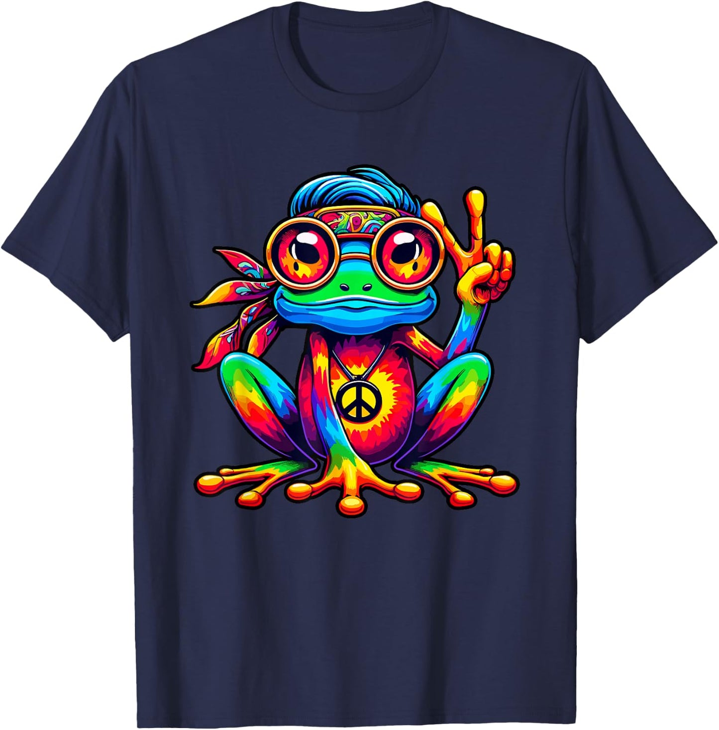 Hippie Frog Costume Tie Dye Peace Sign 70s Party 60s , Black, S T-Shirt - T-Shirt | Navy