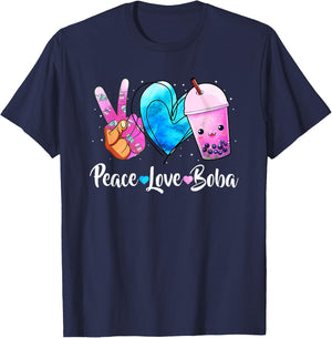 Peace Love Boba Bubble Tea For Teen Girls Kawaii Japanese T-Shirt - T-Shirt | Navy