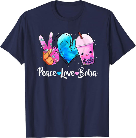 Peace Love Boba Bubble Tea For Teen Girls Kawaii Japanese T-Shirt - T-Shirt | Navy