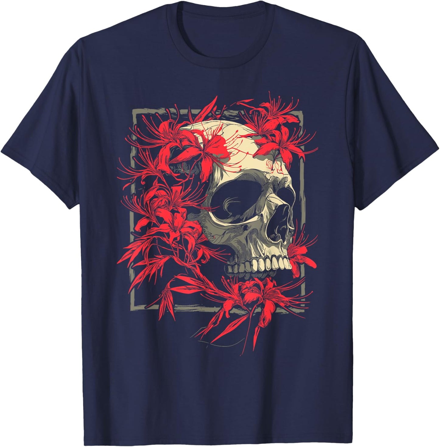 Red Spider Lily Flower Skull Skeleton Japanese Anime Otaku T-Shirt - T-Shirt | Navy