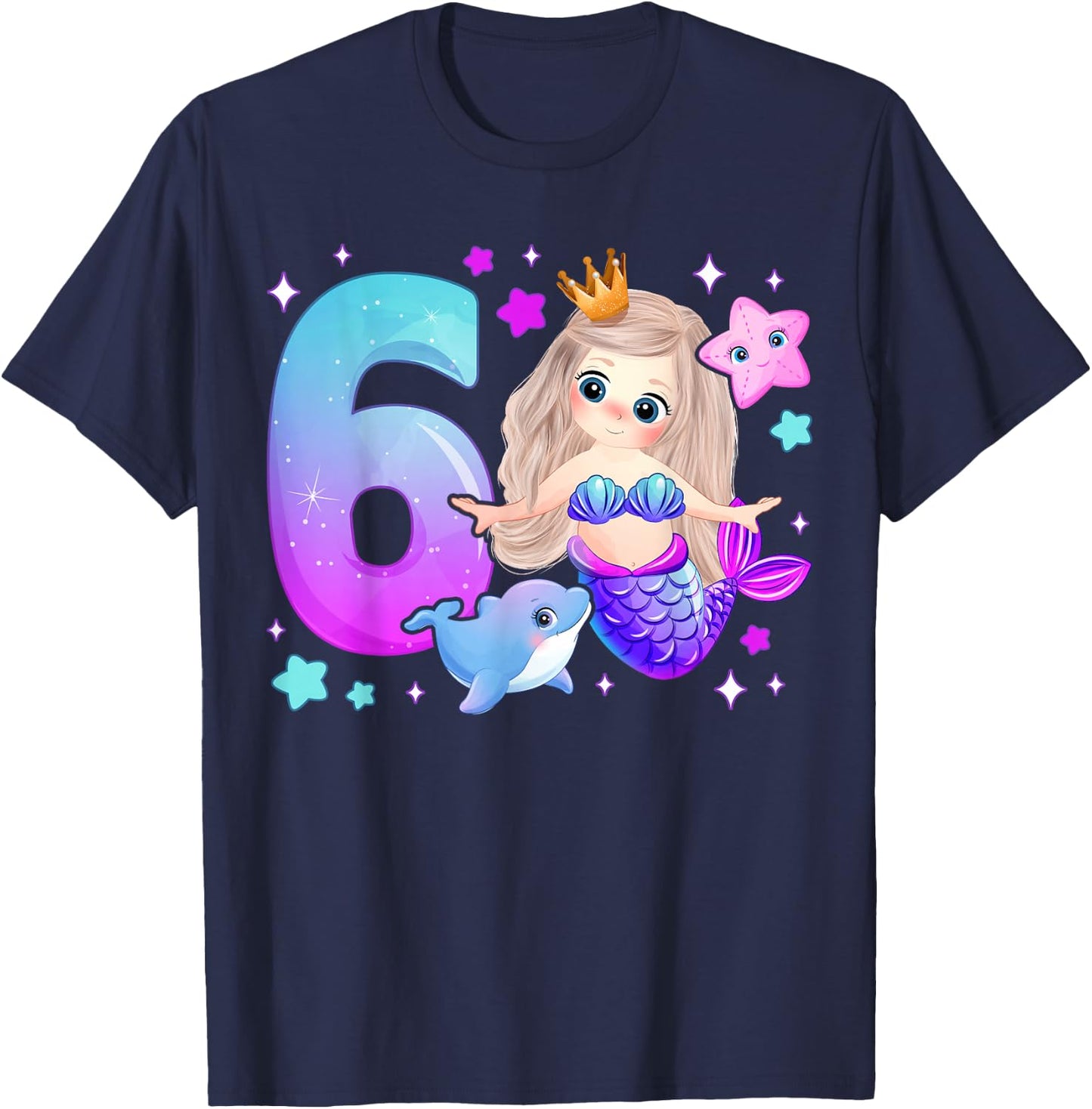6th Birthday Girl 6 Years, Mermaid, Number 6 T-Shirt - T-Shirt | Navy
