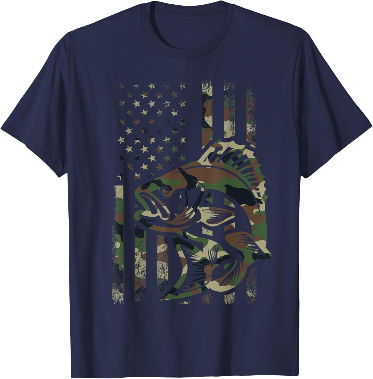 Camo Fishing Men Boys American Flag Bass Fishing T-Shirt - T-Shirt | Navy