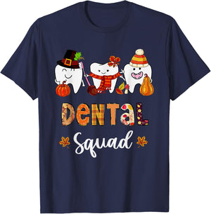 Dental Squad Pumpkin Fall Leaves Tooth Dentist Thanksgiving T-Shirt - T-Shirt | Navy