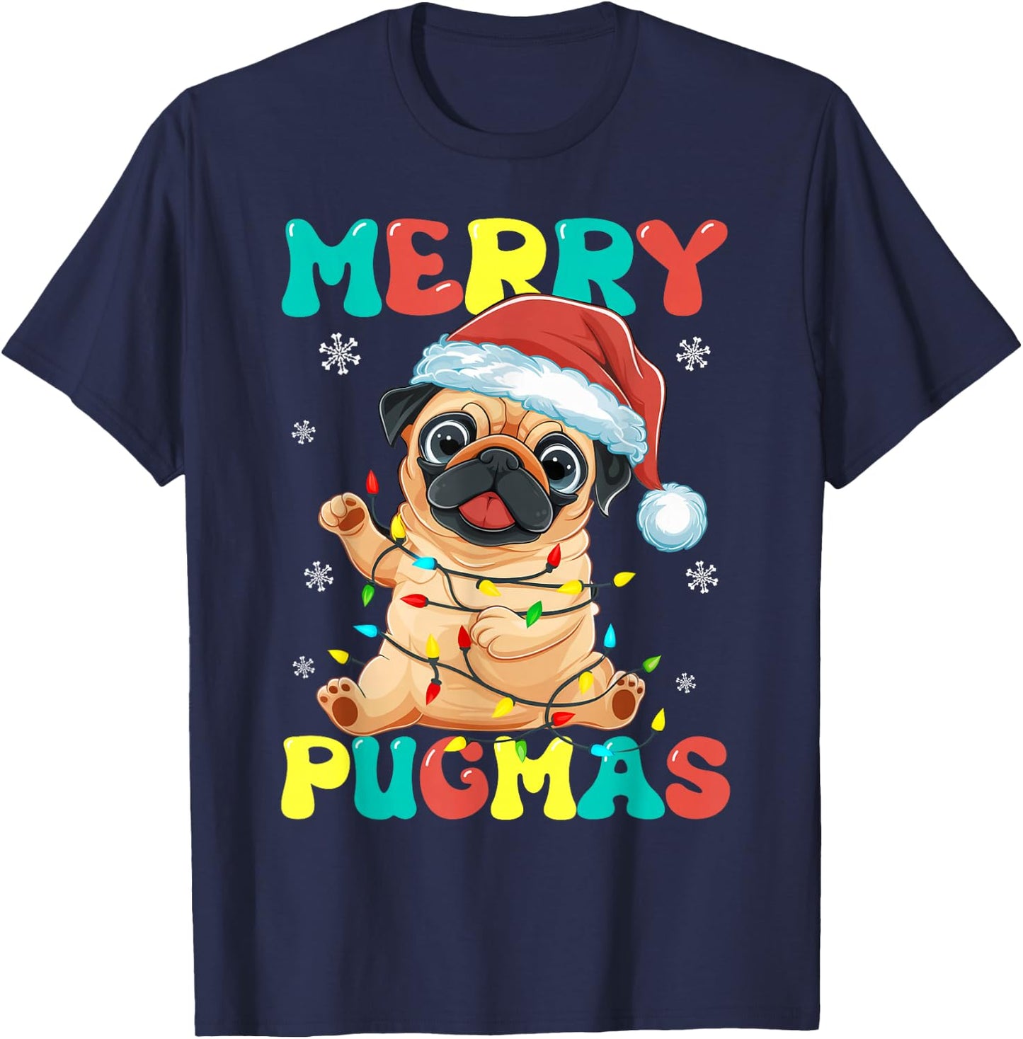 Merry Pugmas Pug Christmas Santa Pug Xmas Lights Dog Lover T-Shirt - T-Shirt | Navy