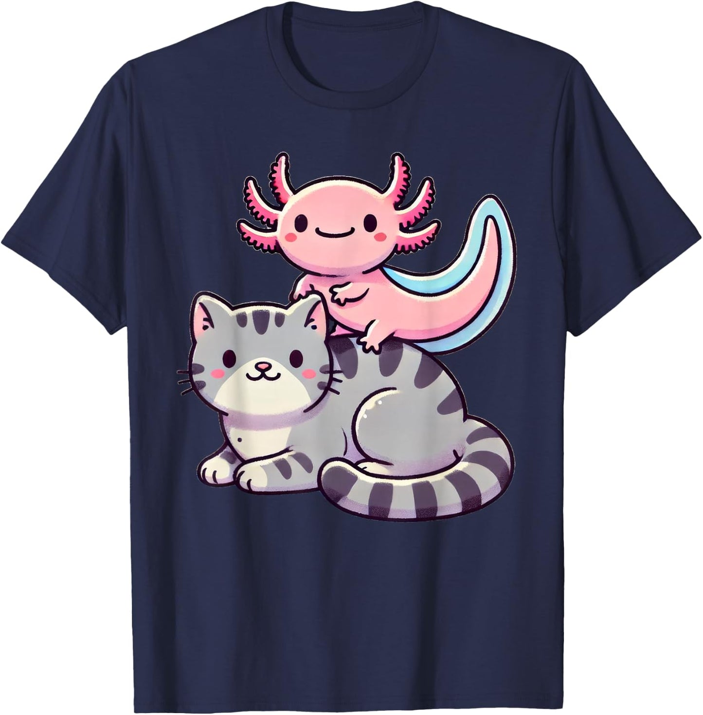 Anime Kawaii Axolotl Cat Kitten , Small, Black T-Shirt - T-Shirt | Navy