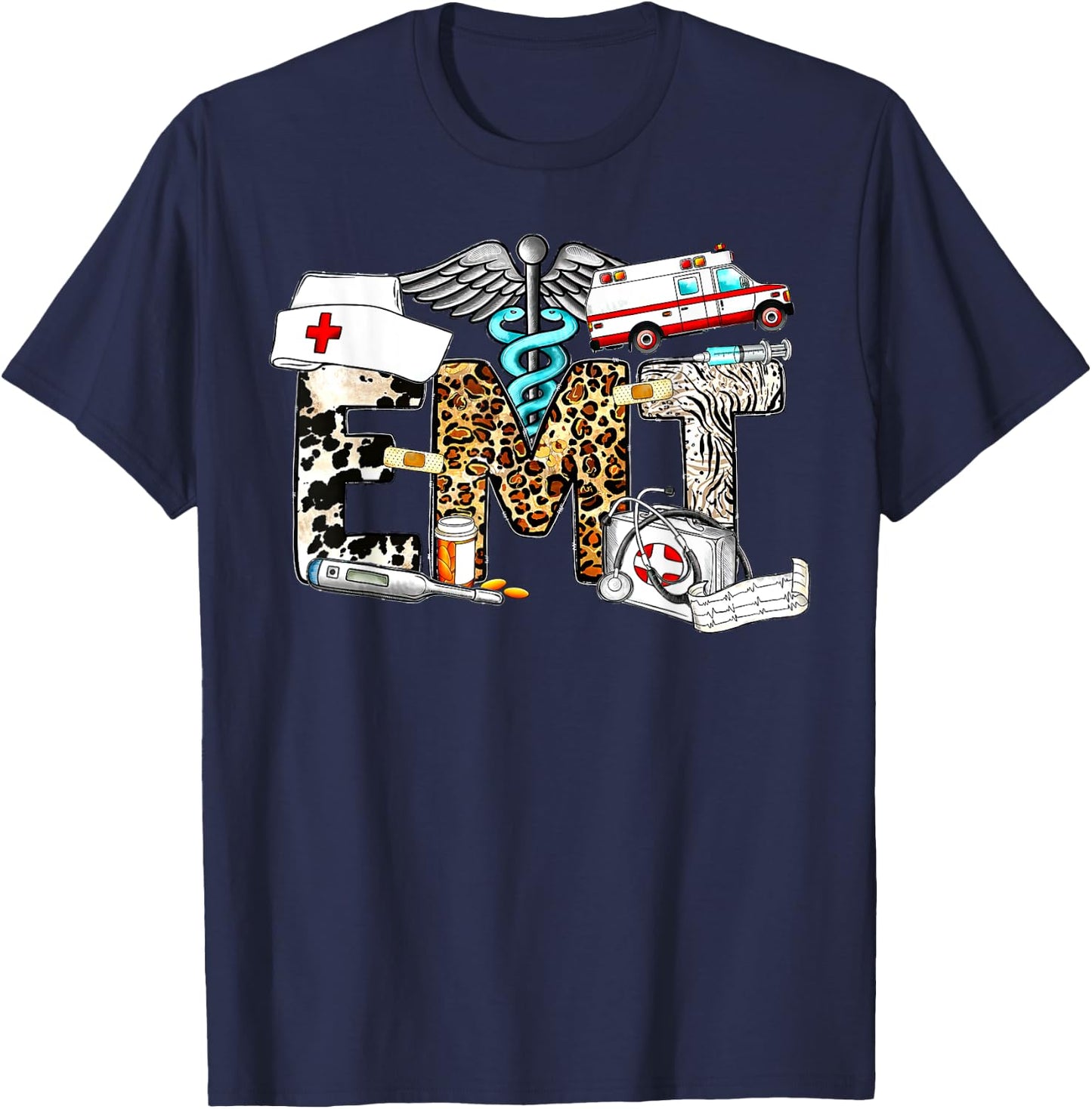 Retro Leopard EMT Emergency Medical Technician Paramedic T-Shirt - T-Shirt | Navy