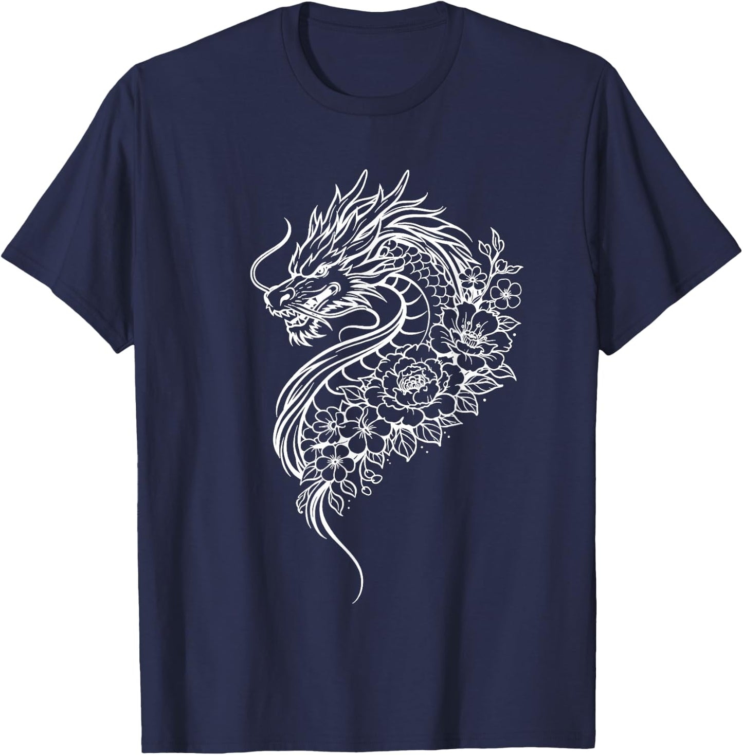 Dragon Flowers Line Art Minimalist White Splash T-Shirt - T-Shirt | Navy