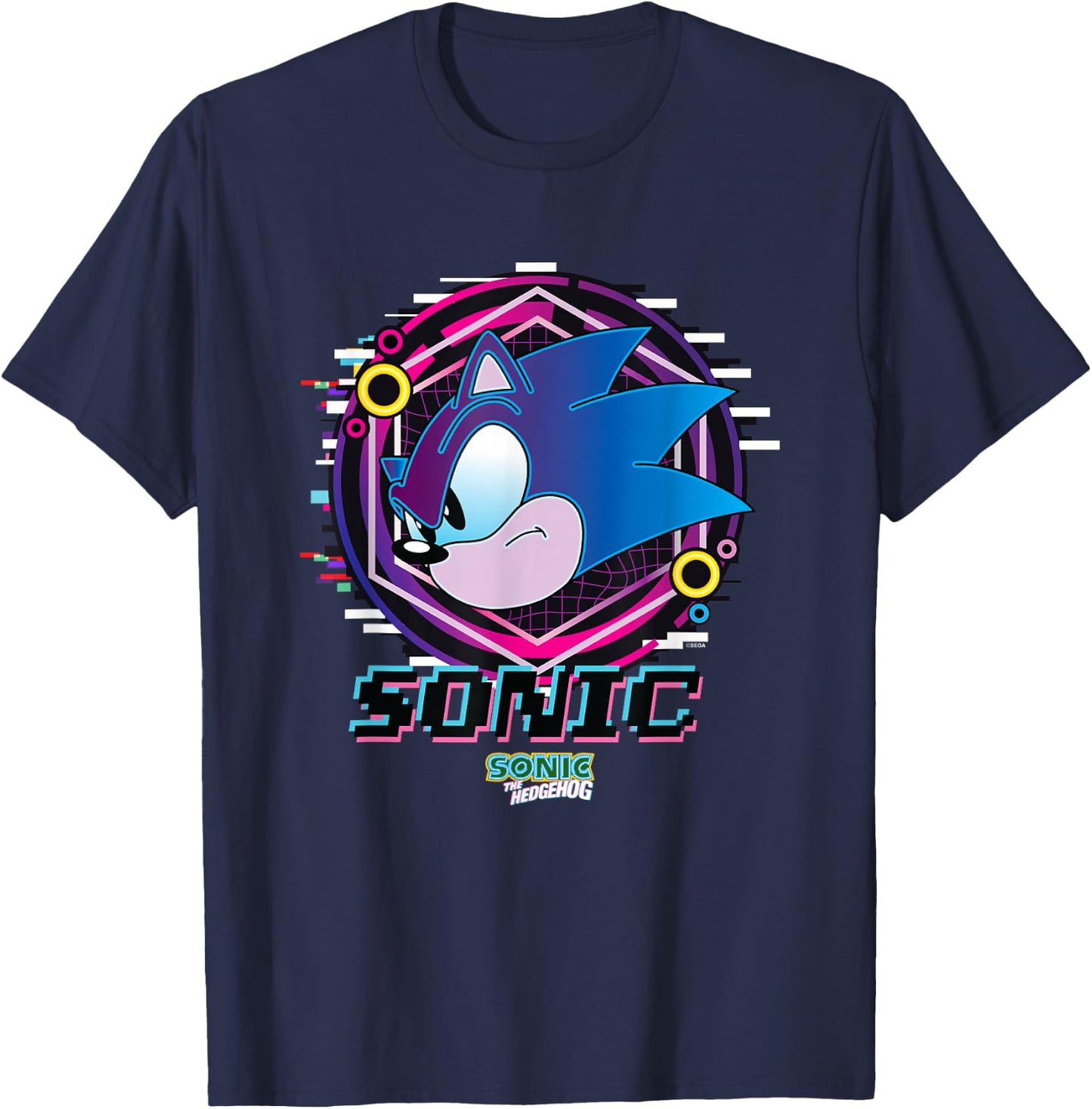 Sonic The Hedgehog Sonic Face Glitch Retro Neon Logo T-Shirt - T-Shirt | Navy