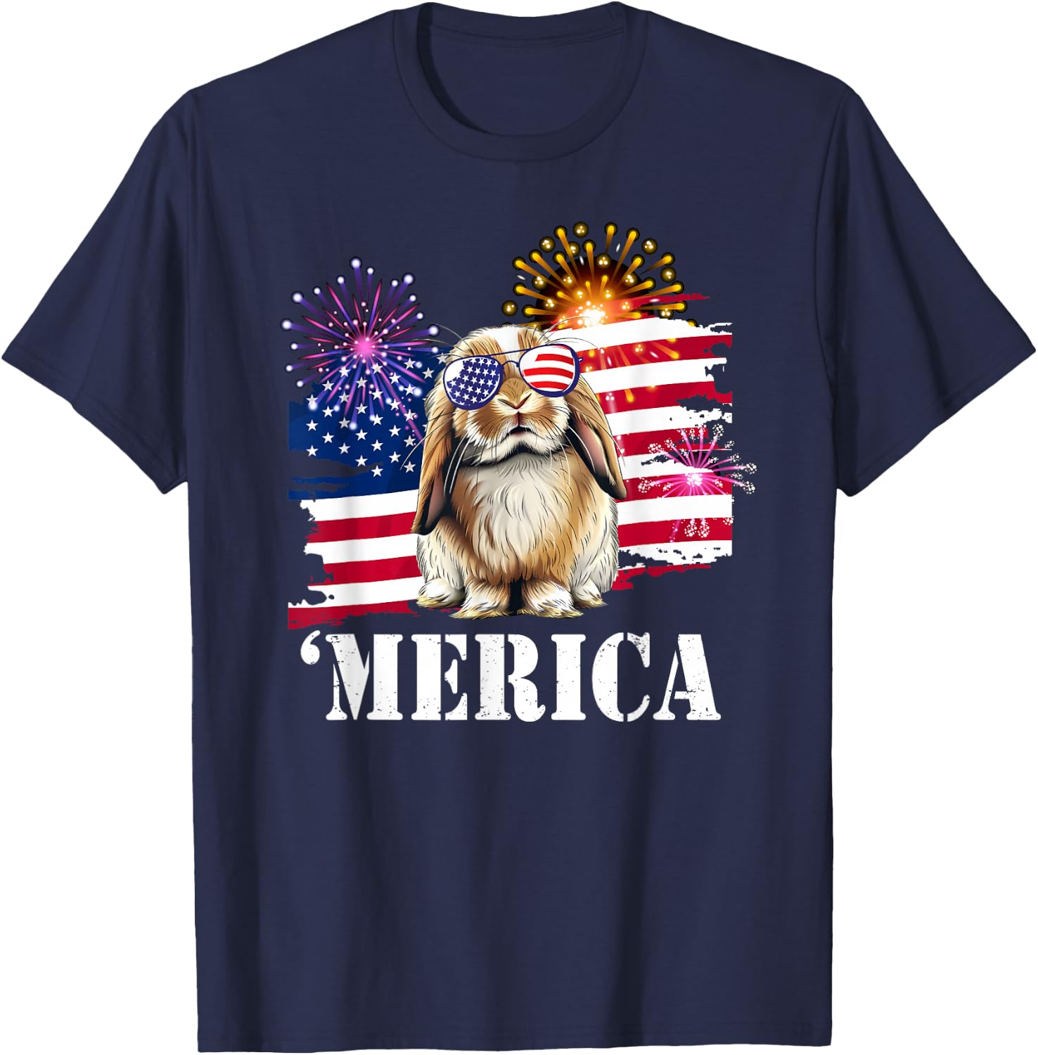 USA Flag 4th July Merica Mini Holland Lop Bunny Rabbit Lover T-Shirt - T-Shirt | Navy